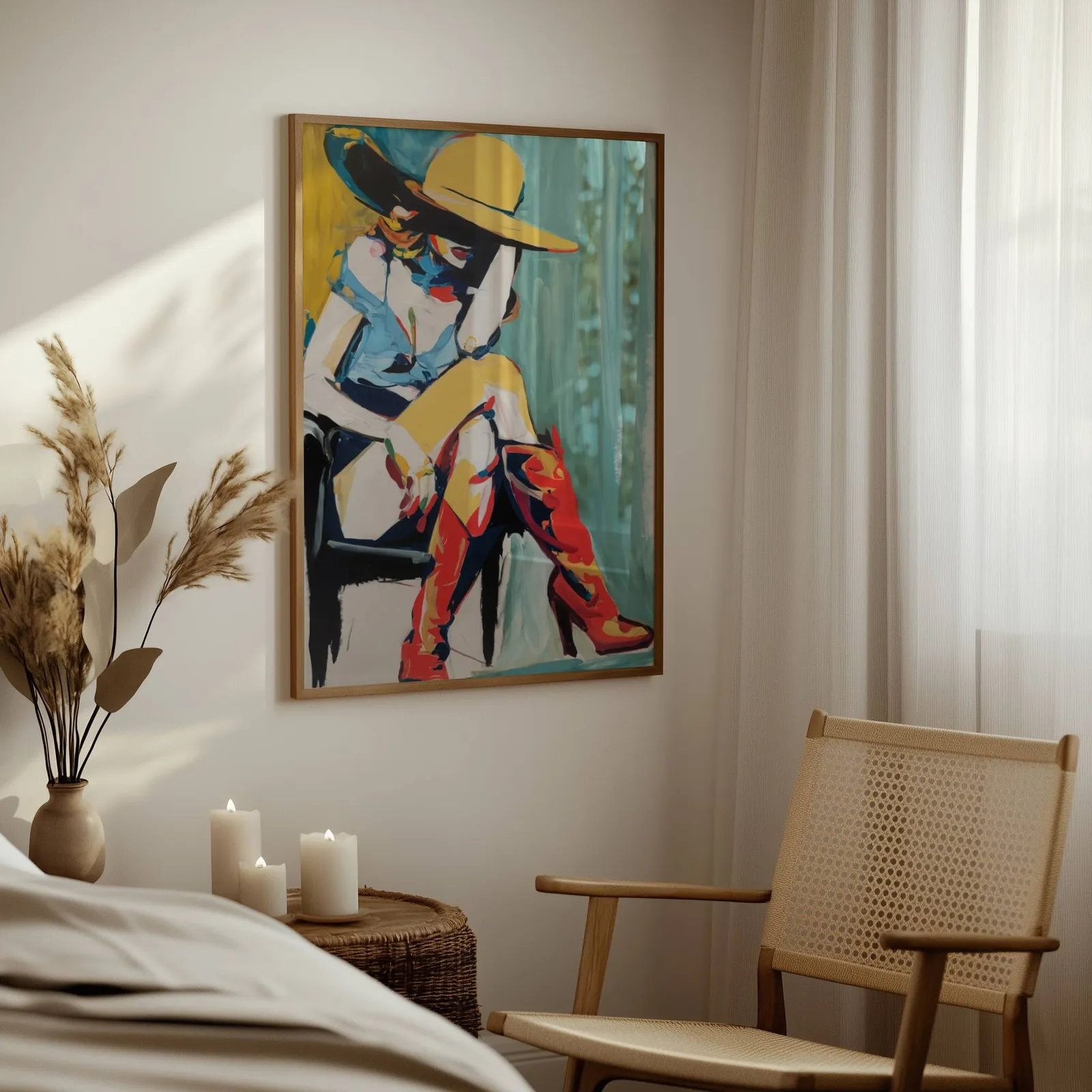 colorful western abstract woman wall art in yellow and red, above a woven side table with lit candles and pampas grass