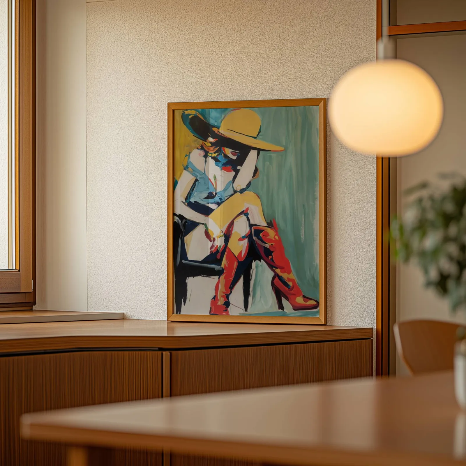 colorful western abstract woman wall art in yellow and red, leaning on a wooden sideboard beside a glowing globe pendant