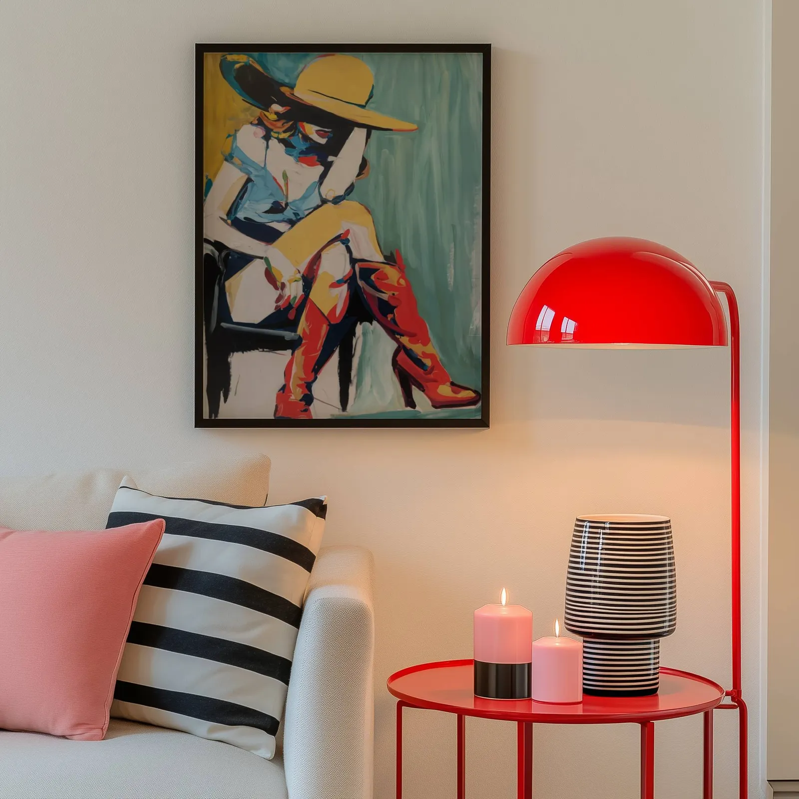 colorful western abstract woman wall art in yellow and red, above a cream sofa beside a glossy red dome lamp