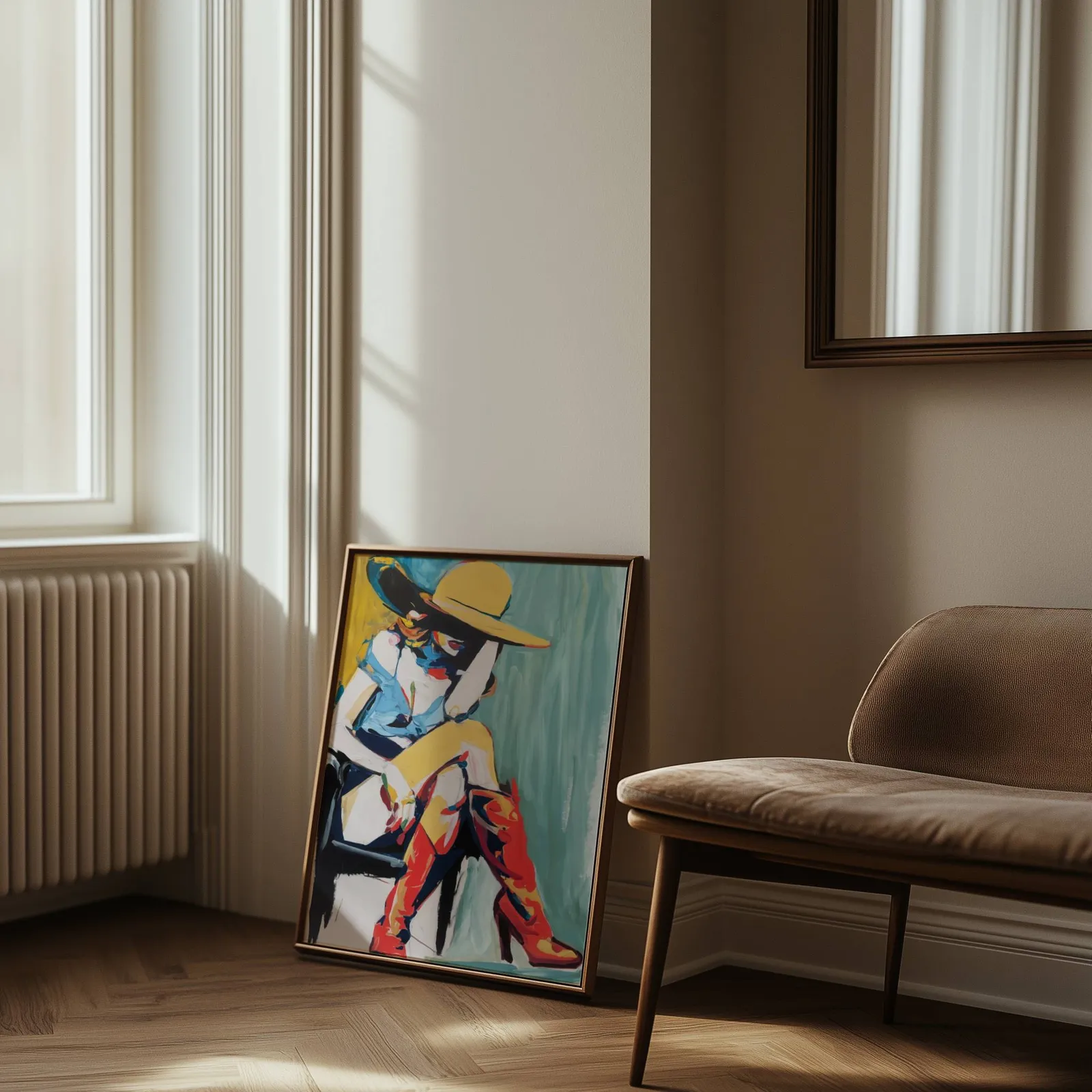 colorful western abstract woman wall art in yellow and red, leaning against the wall beside a sunlit radiator and herringbone floor