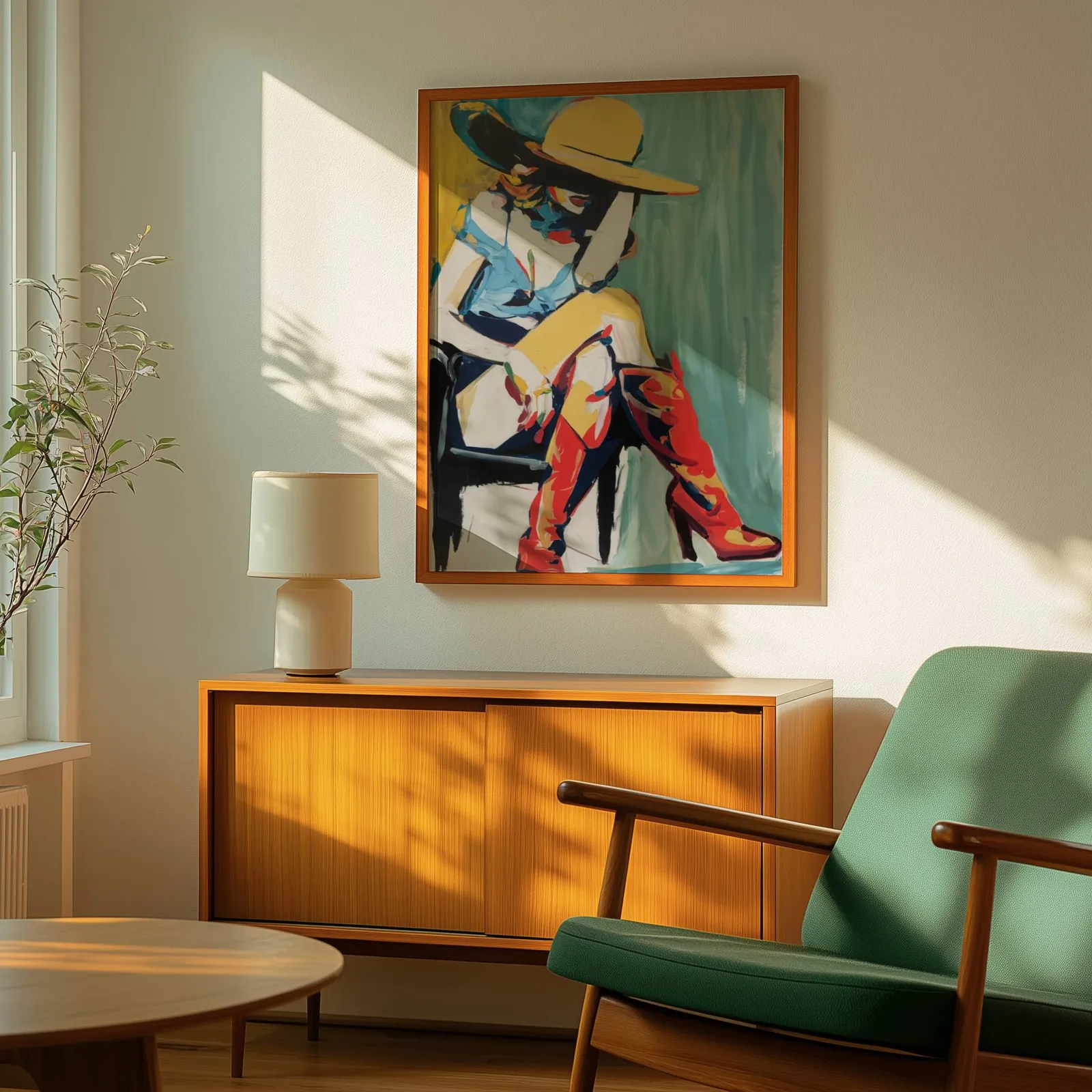 colorful western abstract woman wall art in yellow and red, above a wooden sideboard with a ceramic lamp and dappled sunlight