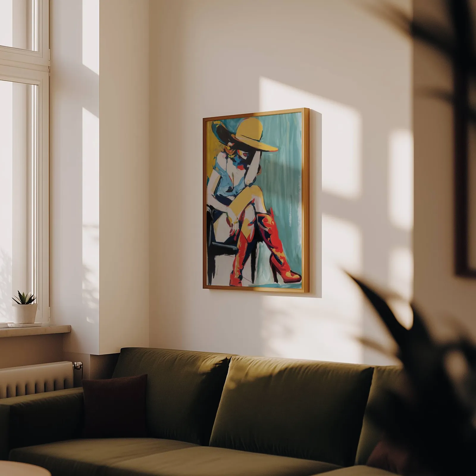 colorful western abstract woman wall art in yellow and red, above an olive velvet sofa in raking afternoon light