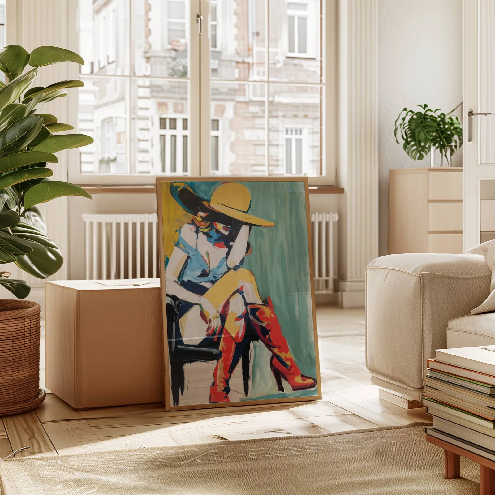 colorful western abstract woman wall art in yellow and red, leaning against a cardboard box near a tall window radiator