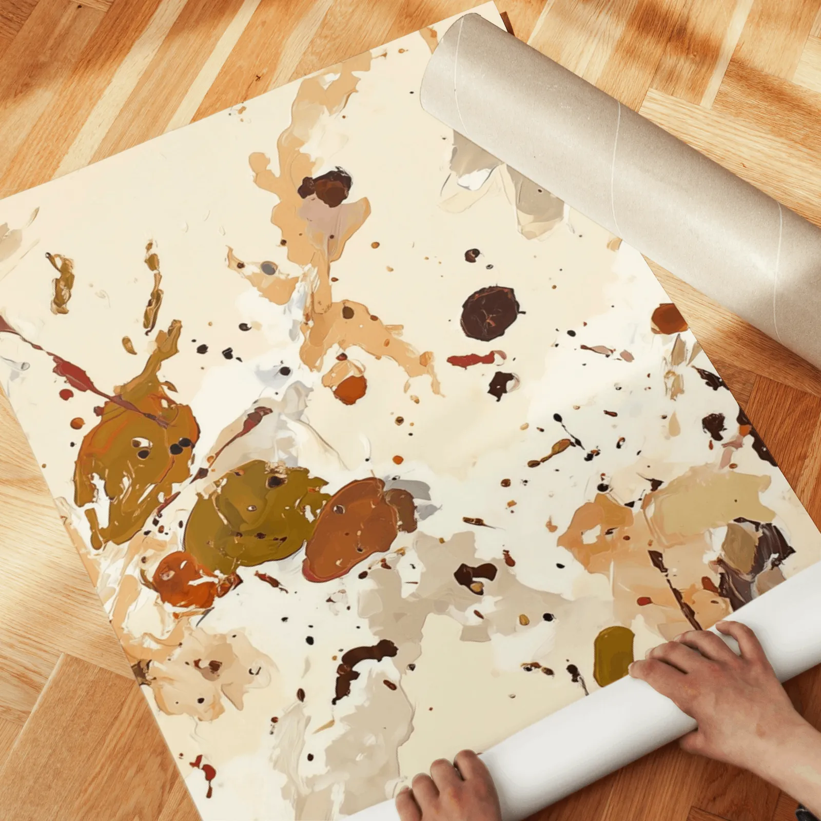 terracotta abstract splatter wall art set of 3, unrolled across a herringbone wood floor by hand