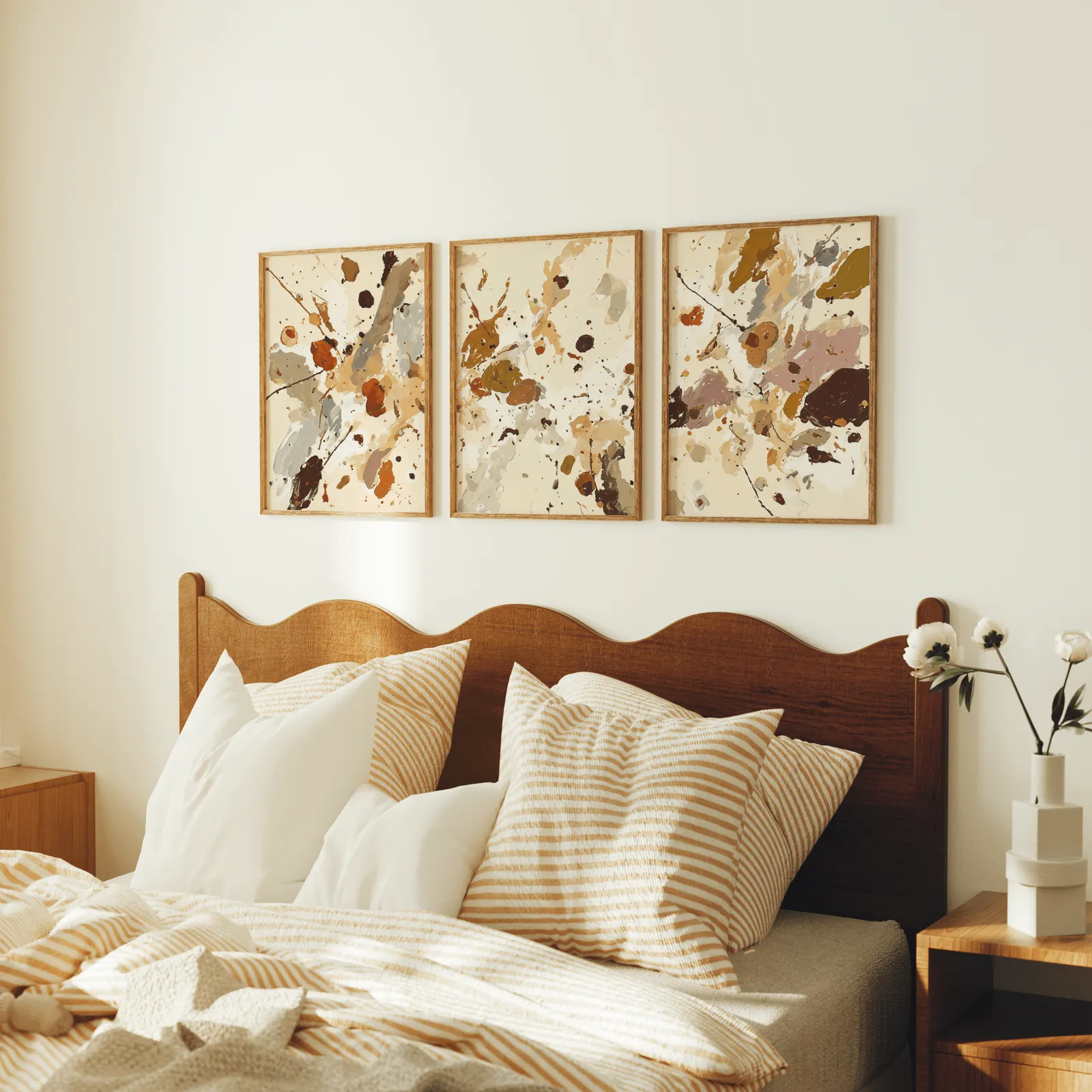 terracotta abstract splatter wall art set of 3, above a scalloped wooden headboard with striped pillows