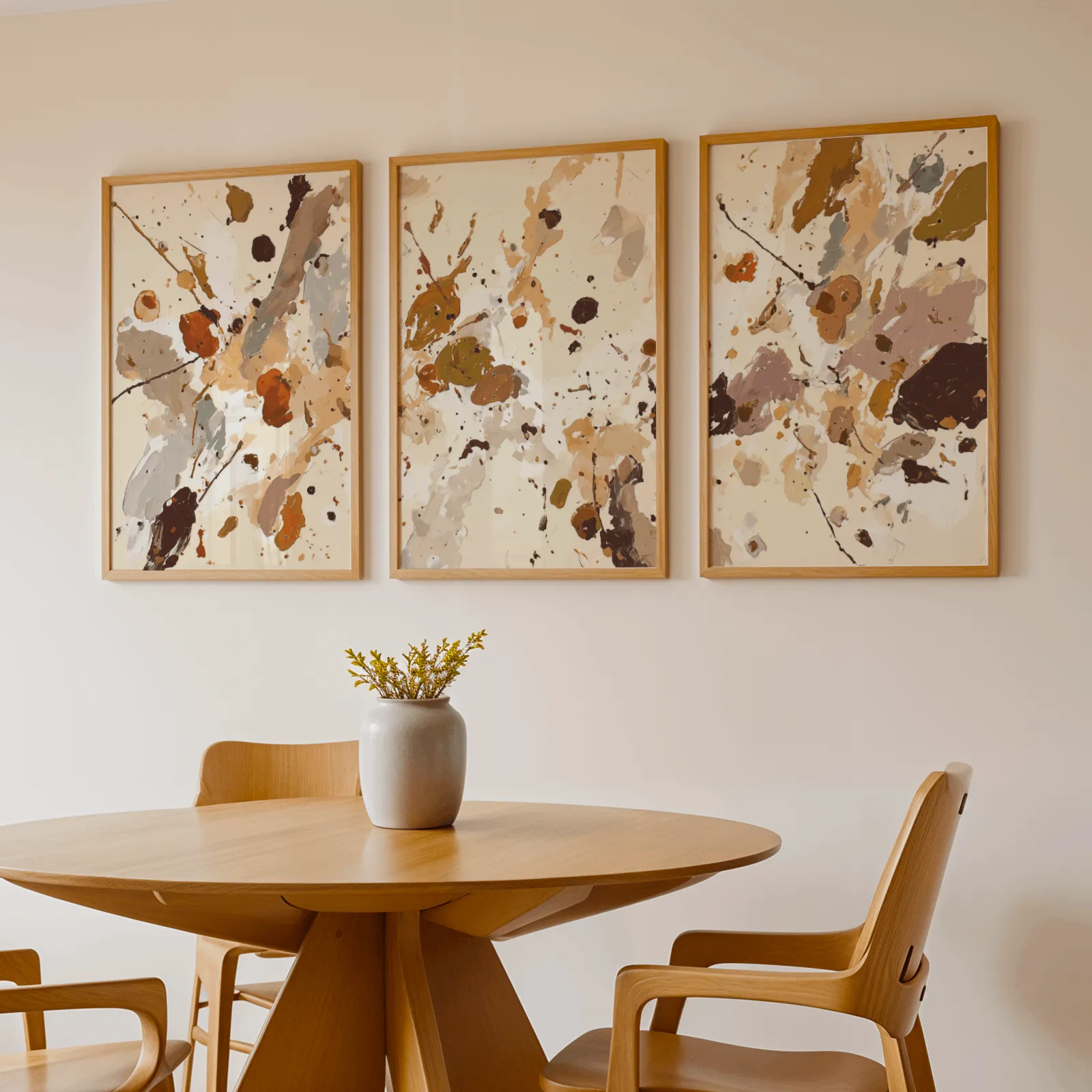 terracotta abstract splatter wall art set of 3, above a round wooden table with a stoneware vase