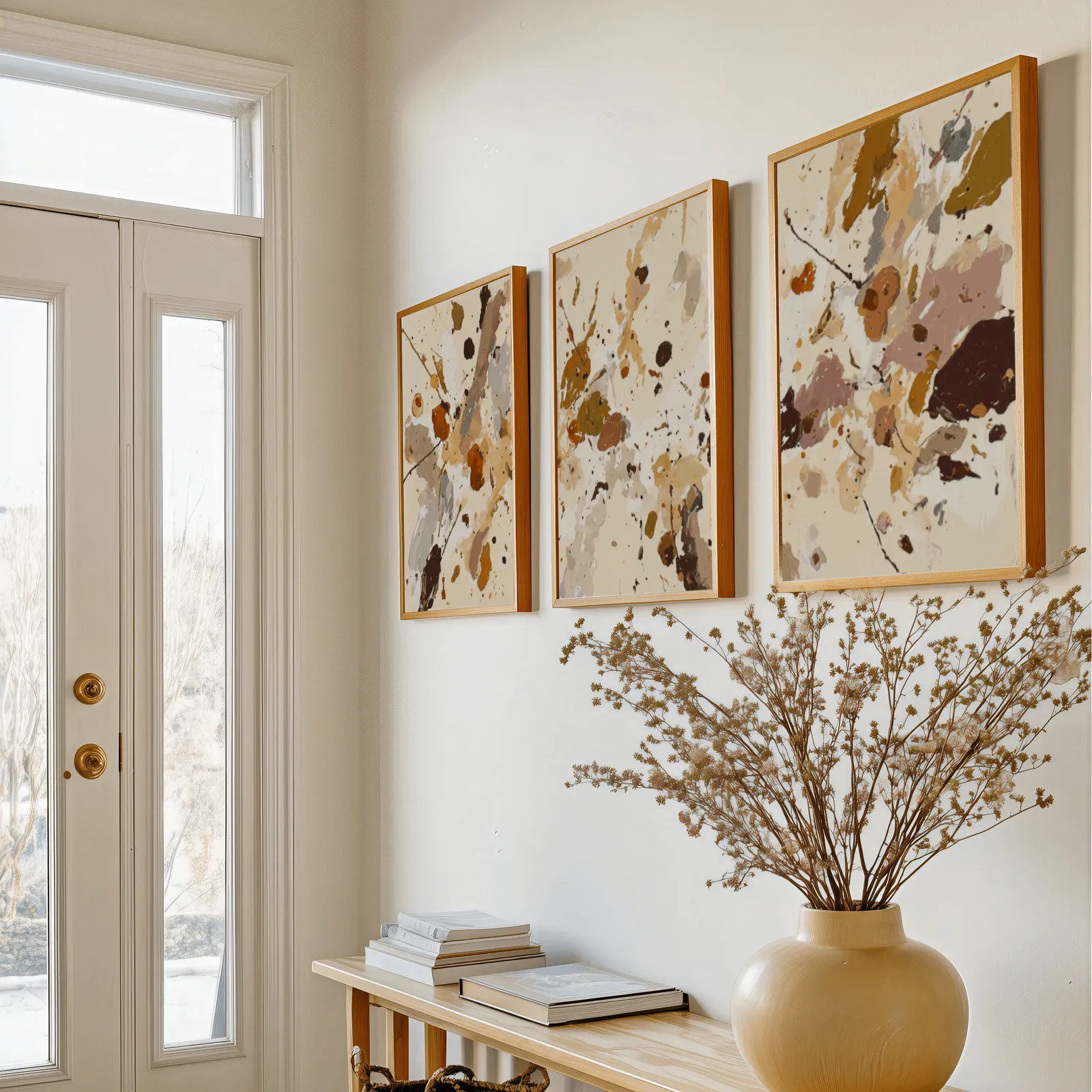 terracotta abstract splatter wall art set of 3, above a console table with a yellow vase of dried branches