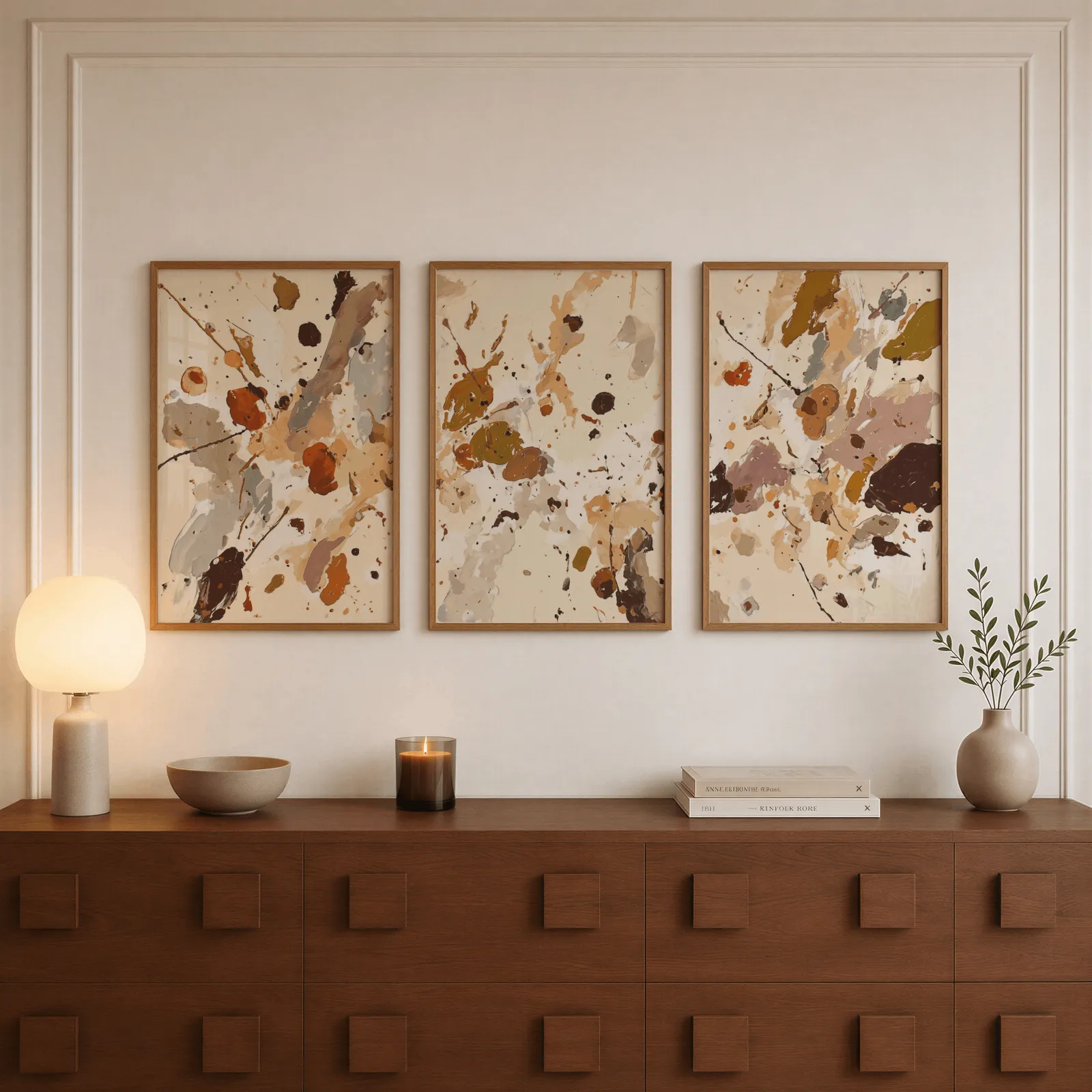 terracotta abstract splatter wall art set of 3, above a walnut sideboard with a lit candle and glowing lamp
