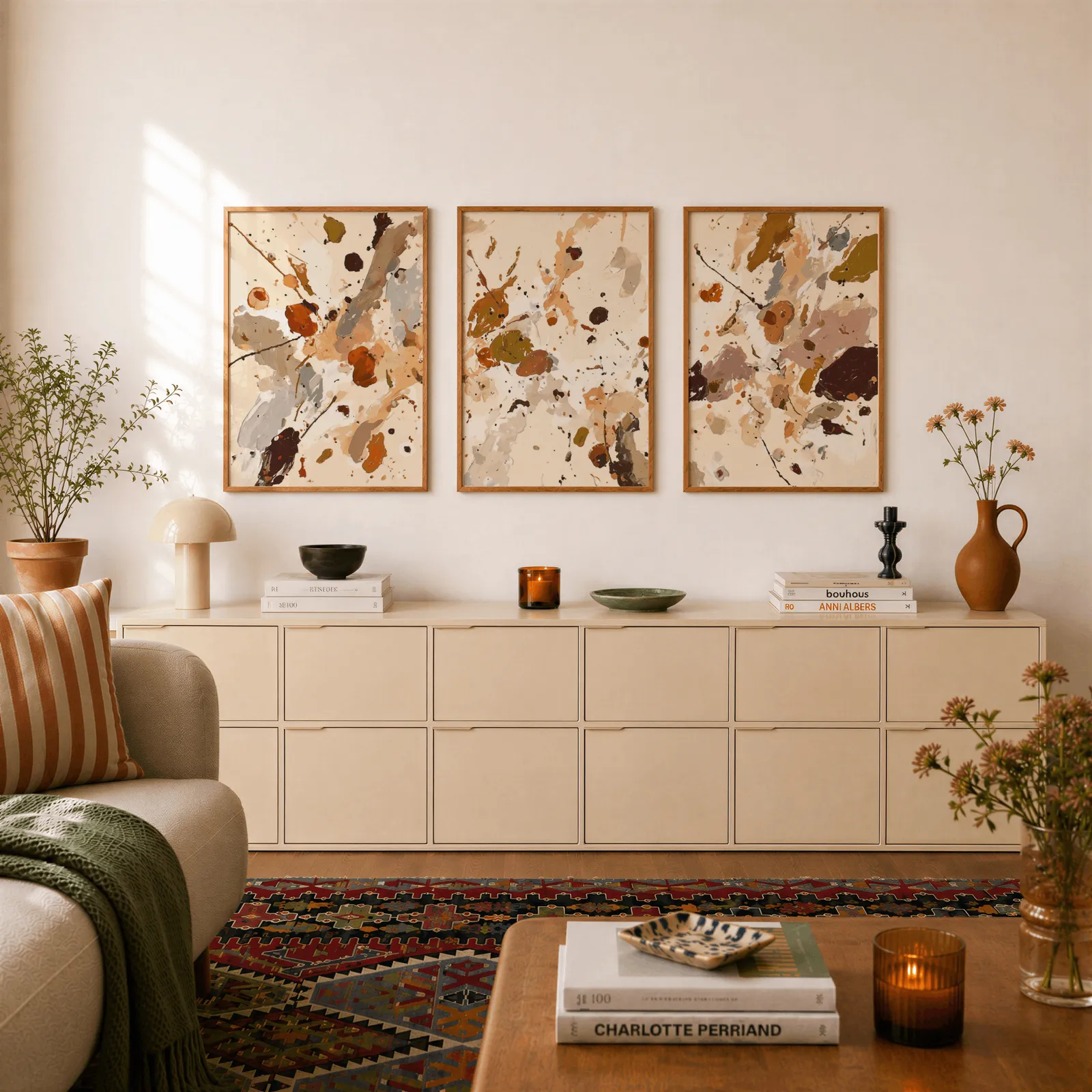 terracotta abstract splatter wall art set of 3, above a long cream sideboard topped with books and a terracotta jug
