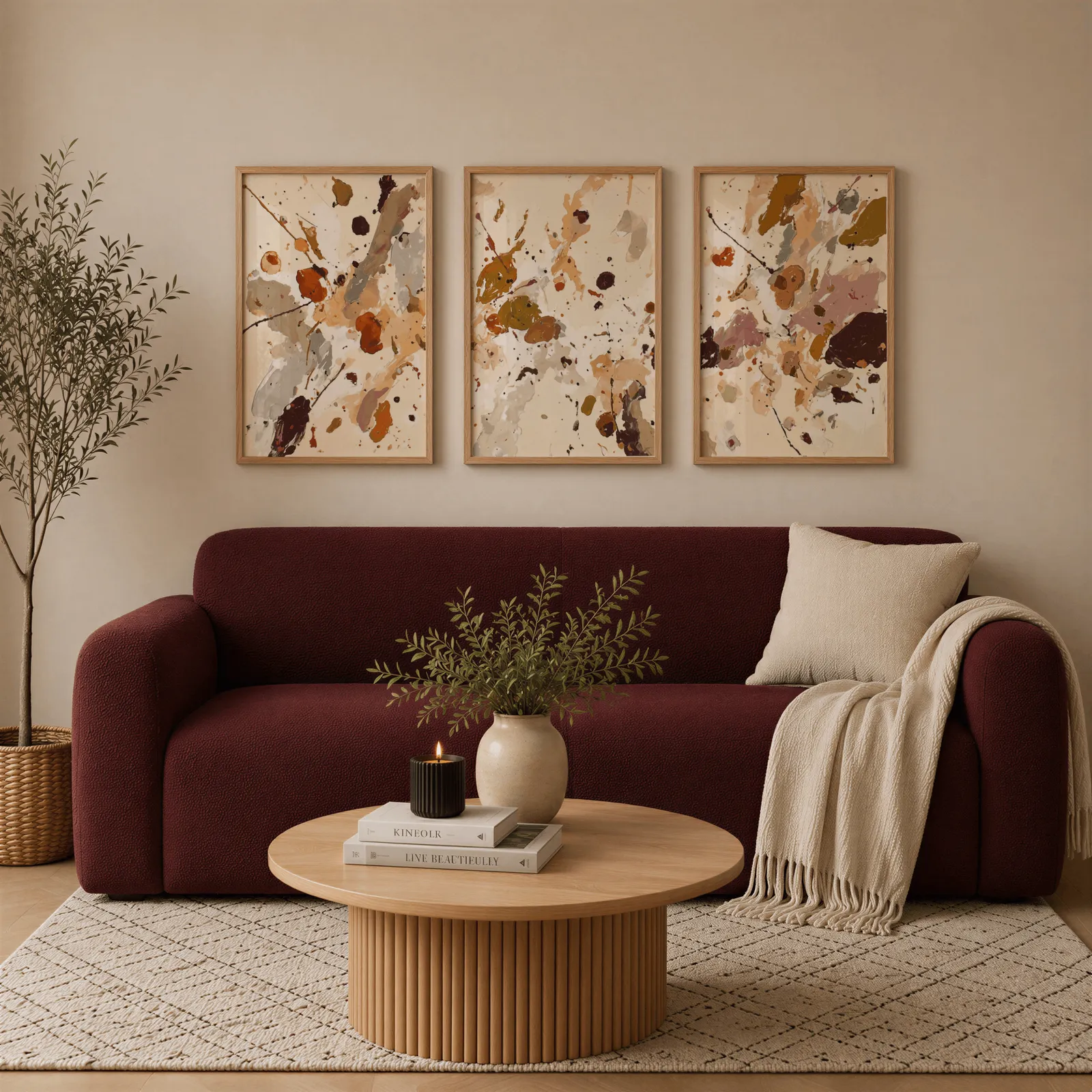 terracotta abstract splatter wall art set of 3, above a burgundy boucle sofa with a cream throw