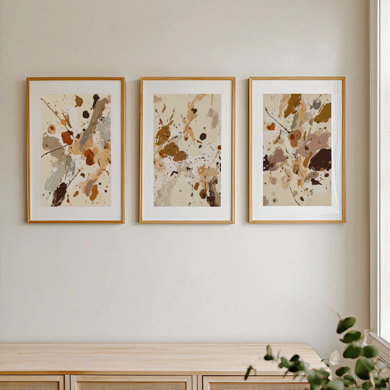 terracotta abstract splatter wall art set of 3, in a row above a light wooden sideboard near a window
