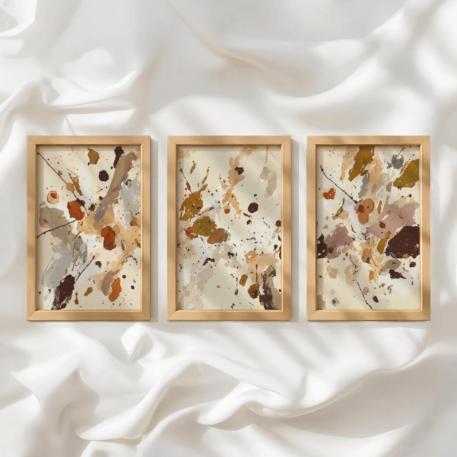 terracotta abstract splatter wall art set of 3, in a row atop rumpled white silky fabric