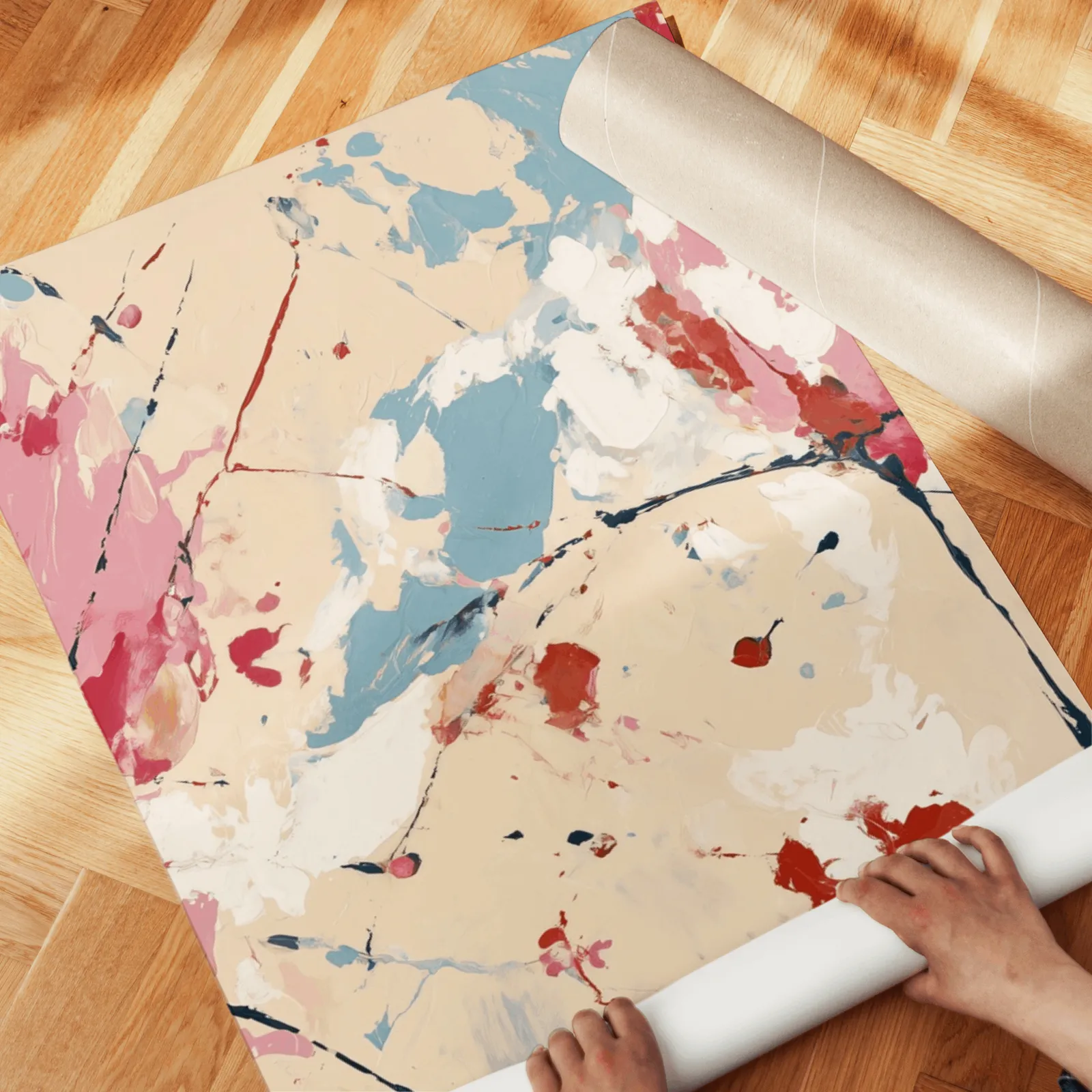 colorful abstract triptych wall art, unrolled across a herringbone wood floor by hand