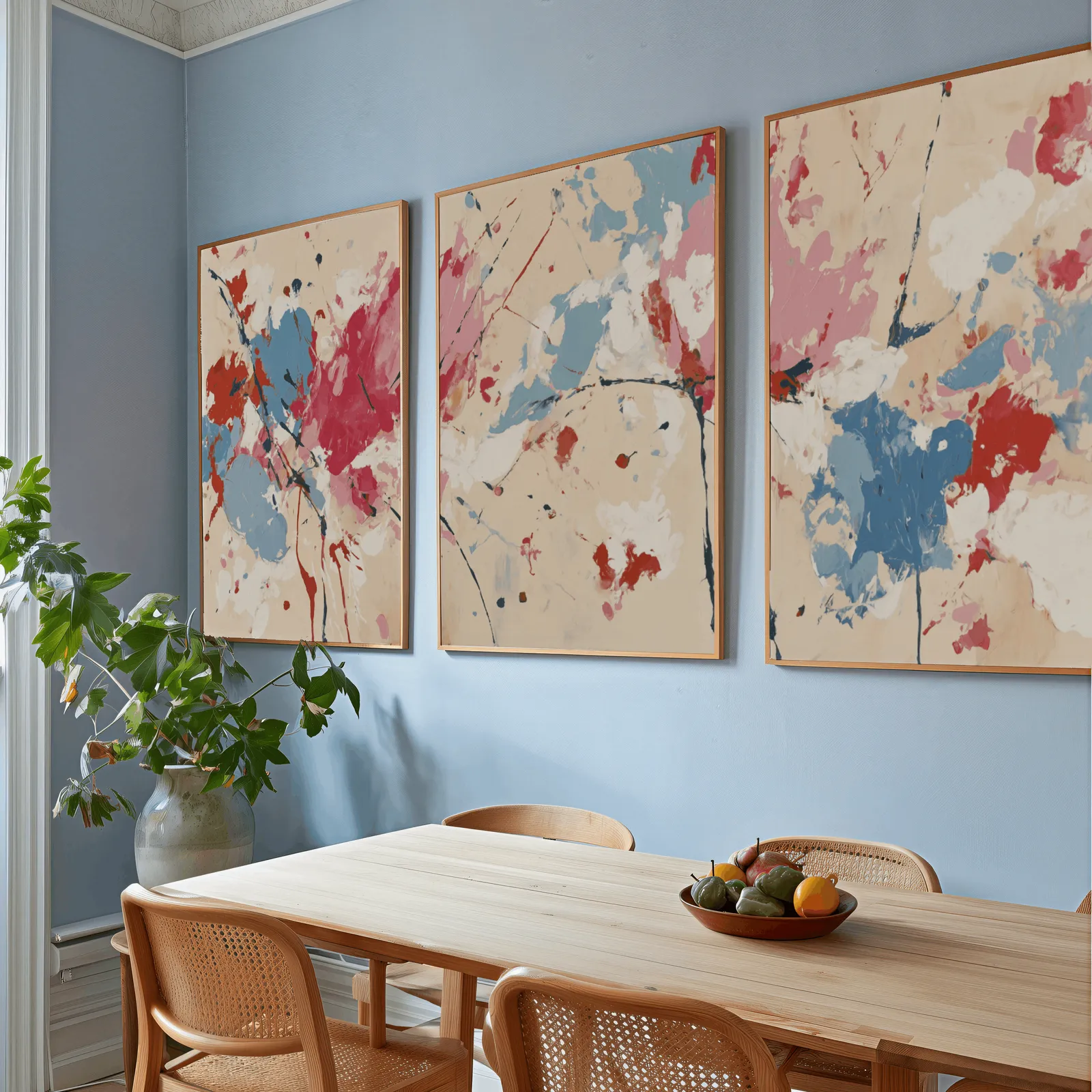 colorful abstract triptych wall art, above a wooden dining table with cane chairs and a fruit bowl