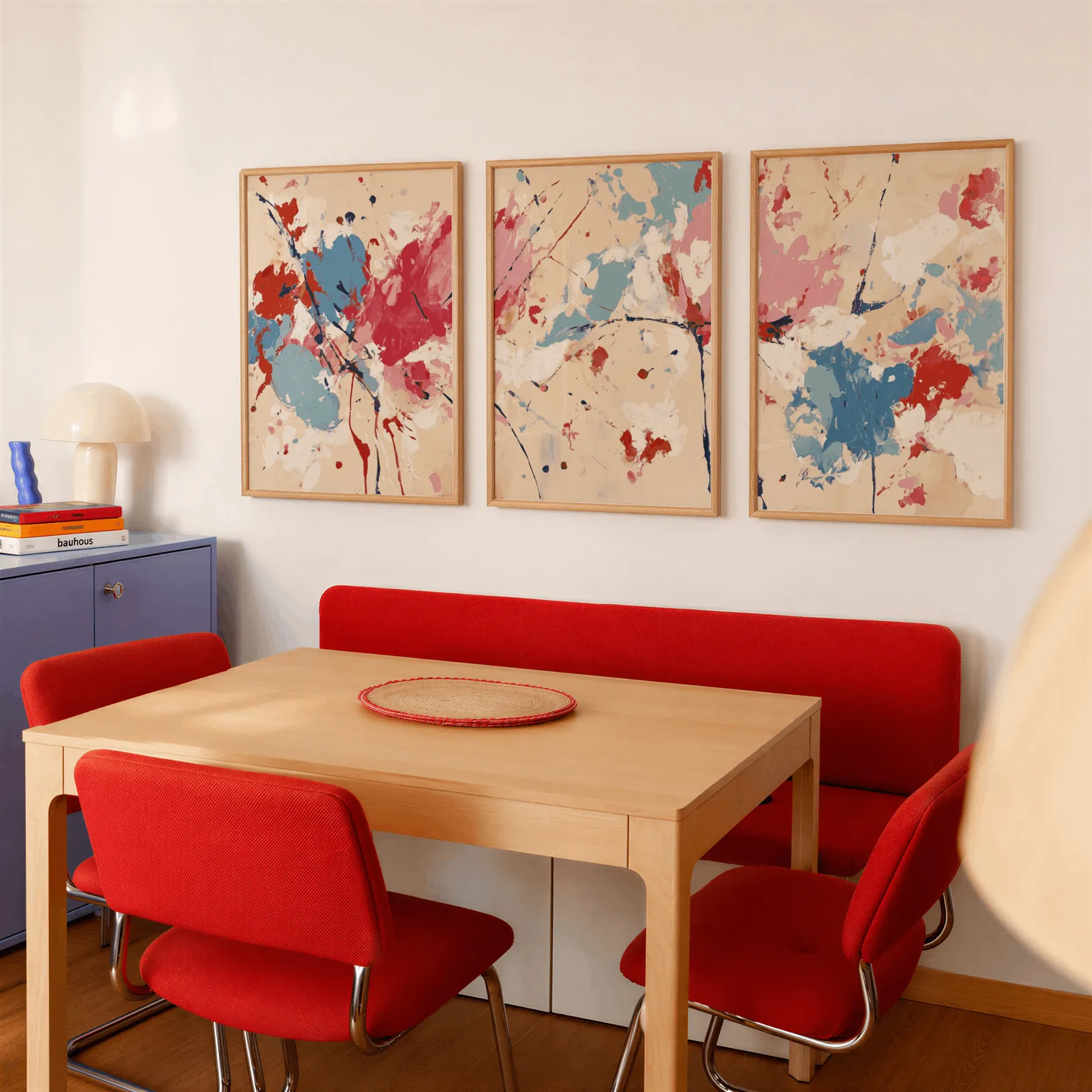 colorful abstract triptych wall art, above a red banquette bench beside a lavender cabinet