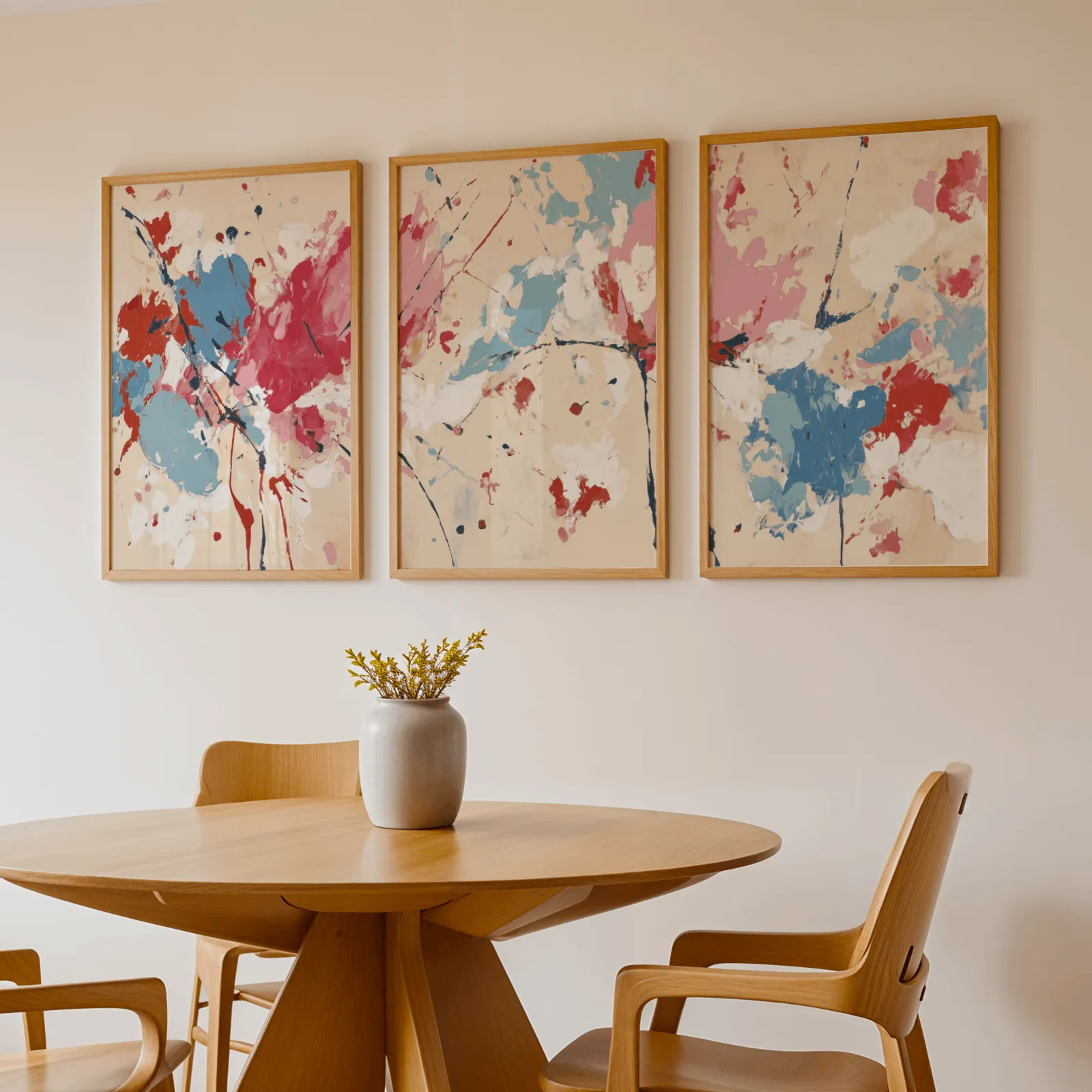 colorful abstract triptych wall art, above a round wooden table with a stoneware vase
