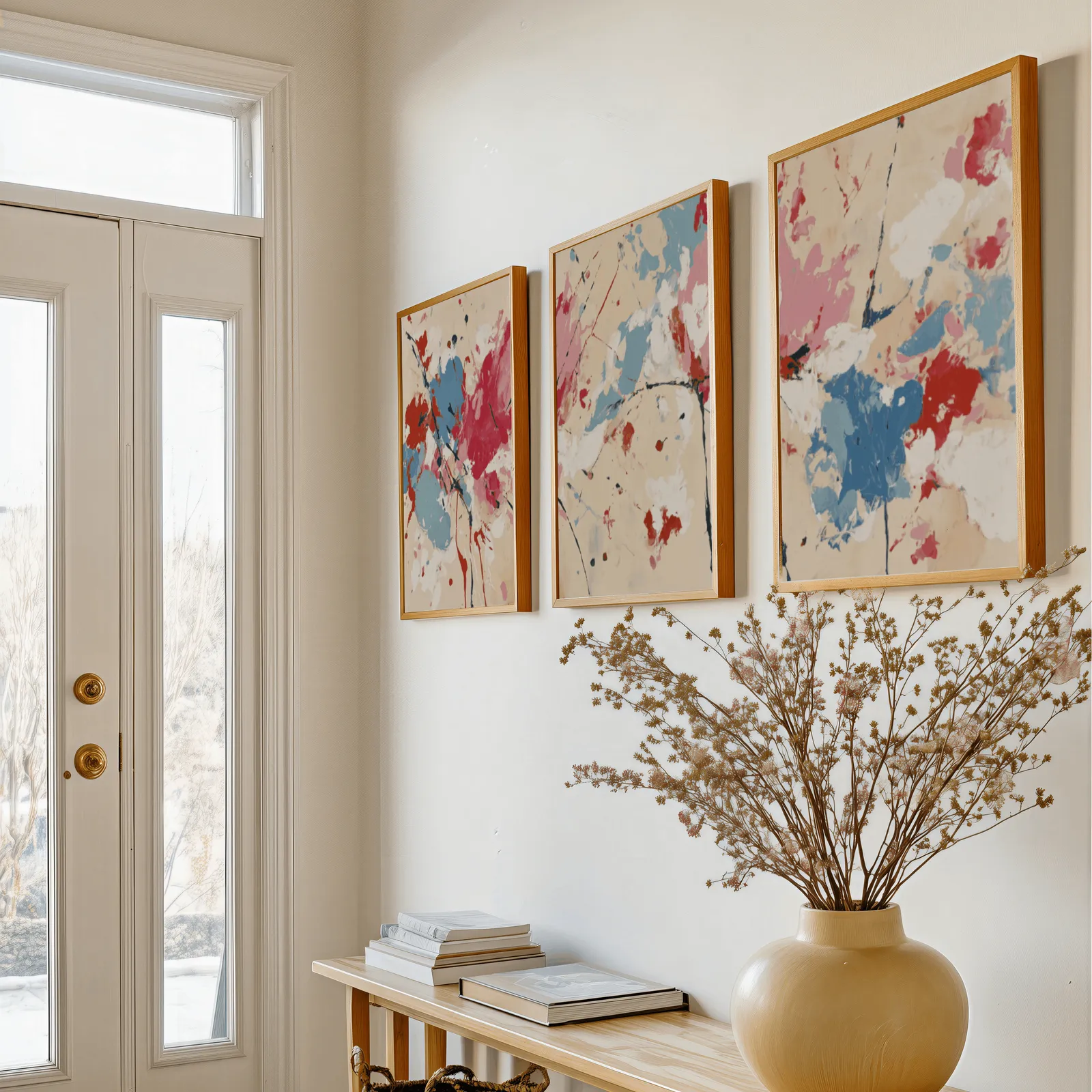 colorful abstract triptych wall art, above a console table with a yellow vase of dried branches