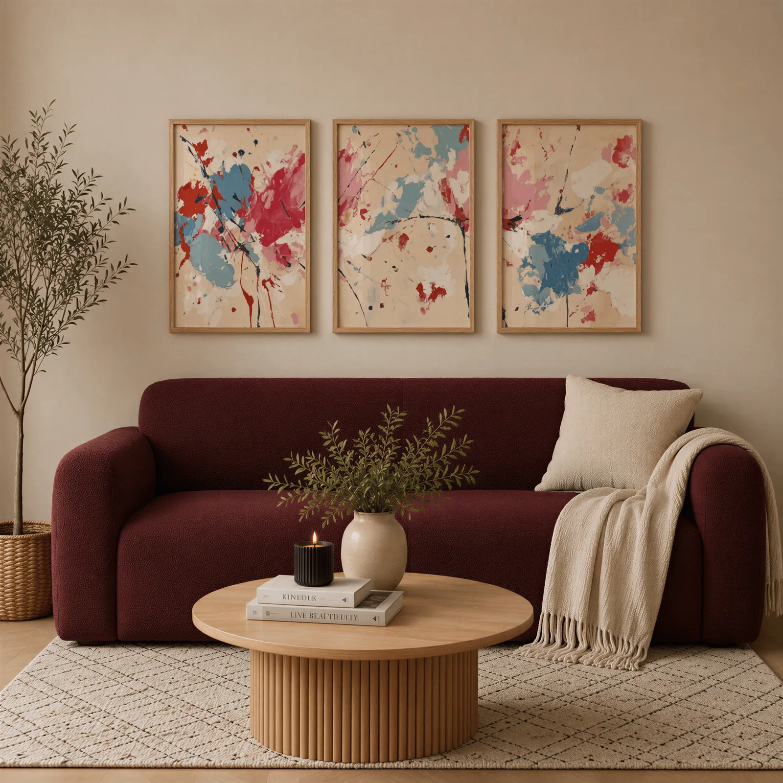 colorful abstract triptych wall art, above a burgundy boucle sofa with a cream throw
