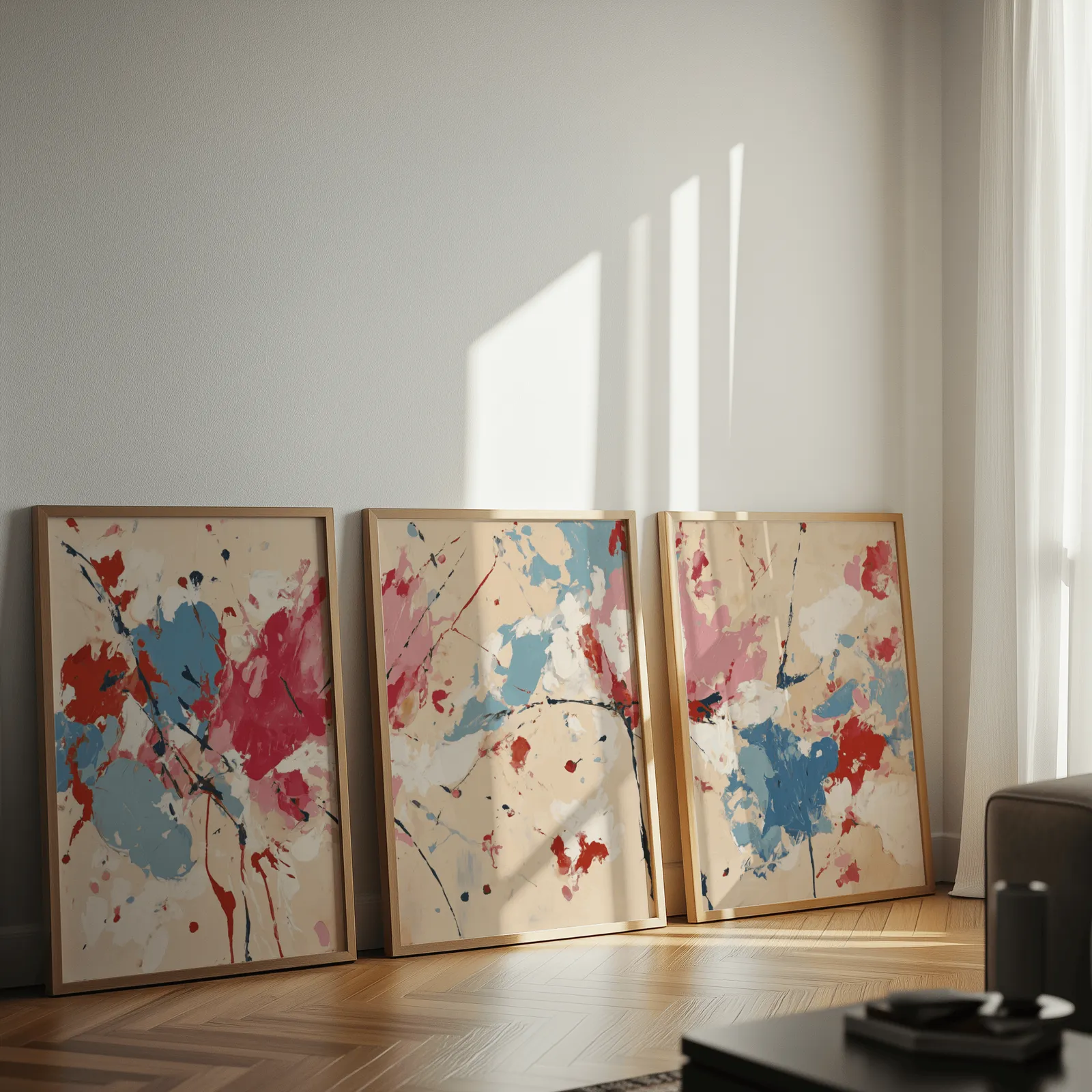 colorful abstract triptych wall art, leaning against a sunlit wall on herringbone flooring