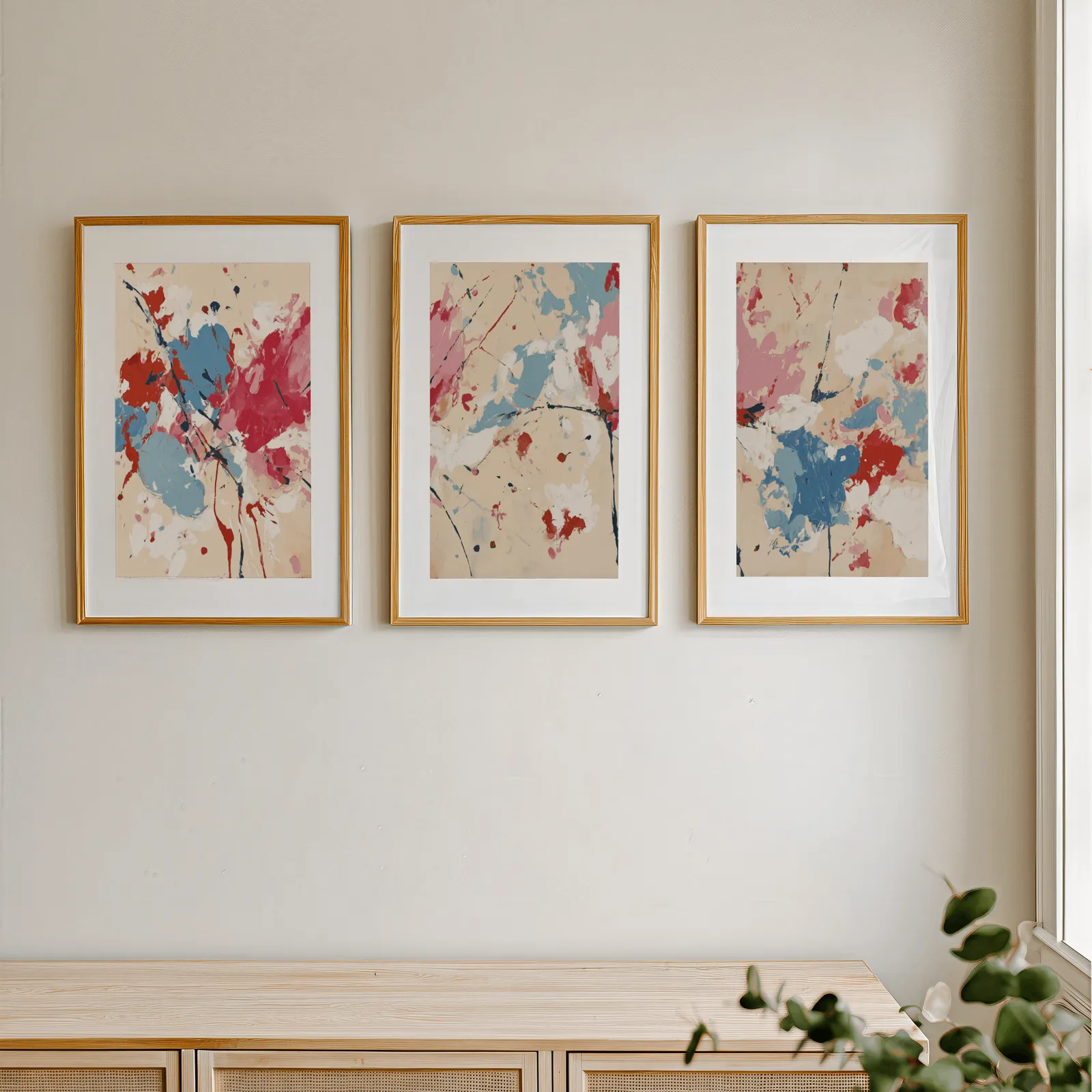colorful abstract triptych wall art, in a row above a light wooden sideboard near a window