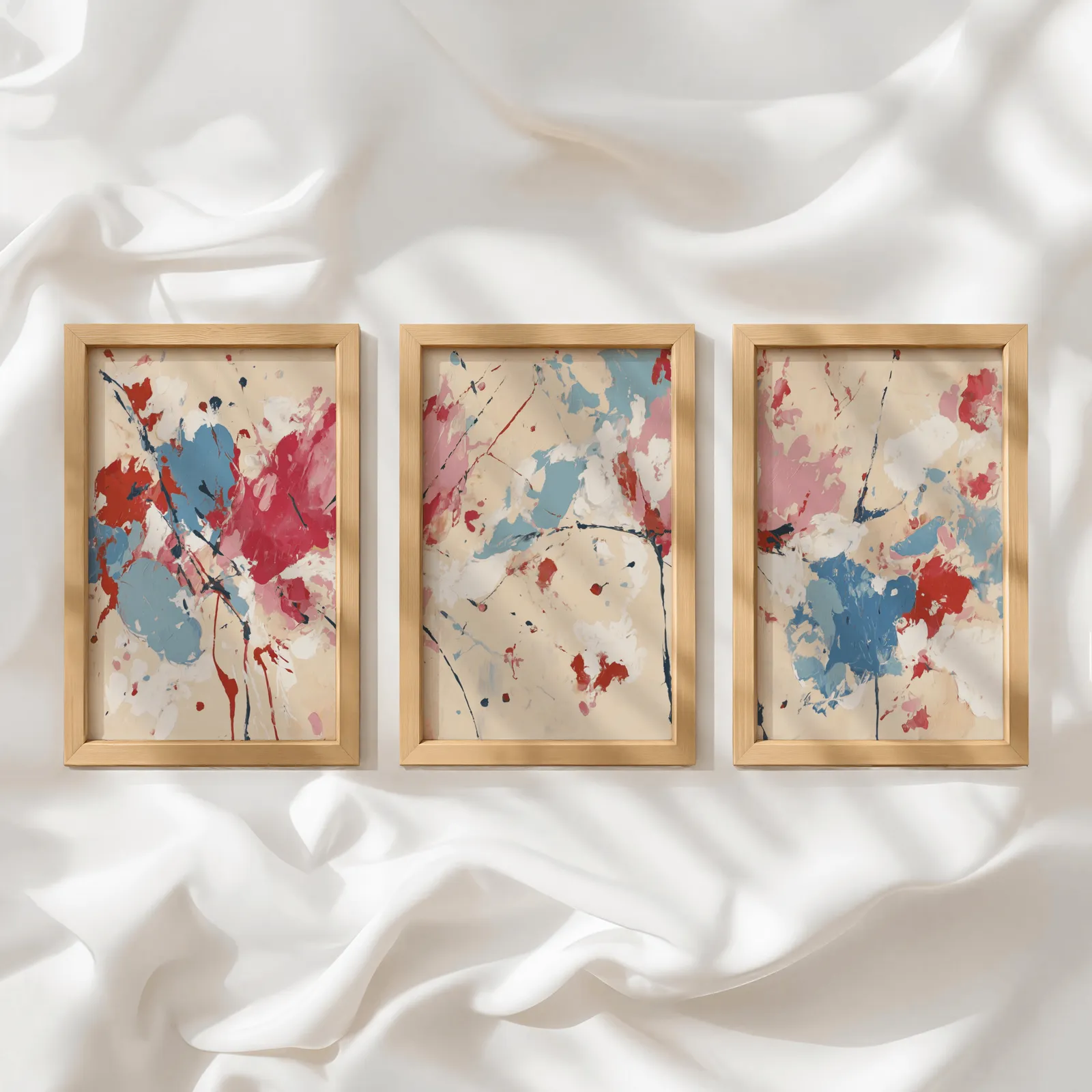 colorful abstract triptych wall art, in a row atop rumpled white silky fabric