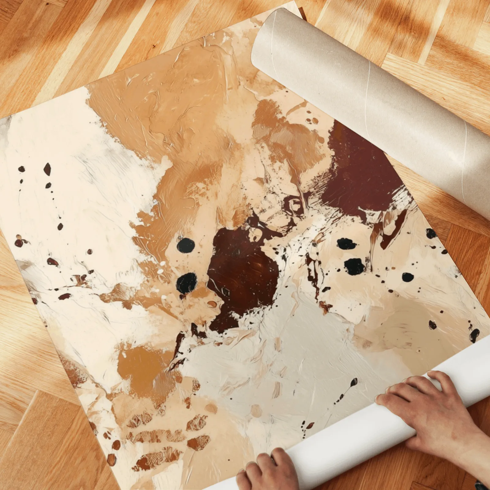 terracotta abstract triptych wall art, unrolled across a herringbone wood floor by hand