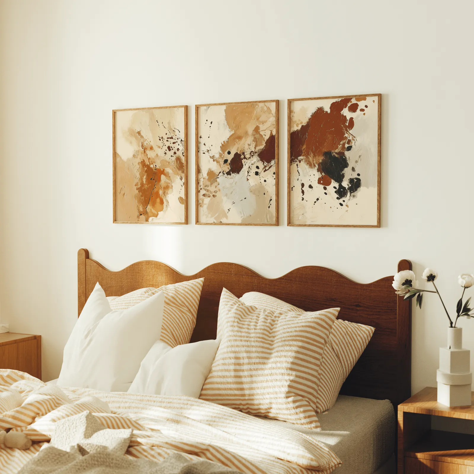 terracotta abstract triptych wall art, above a scalloped wooden headboard with striped pillows