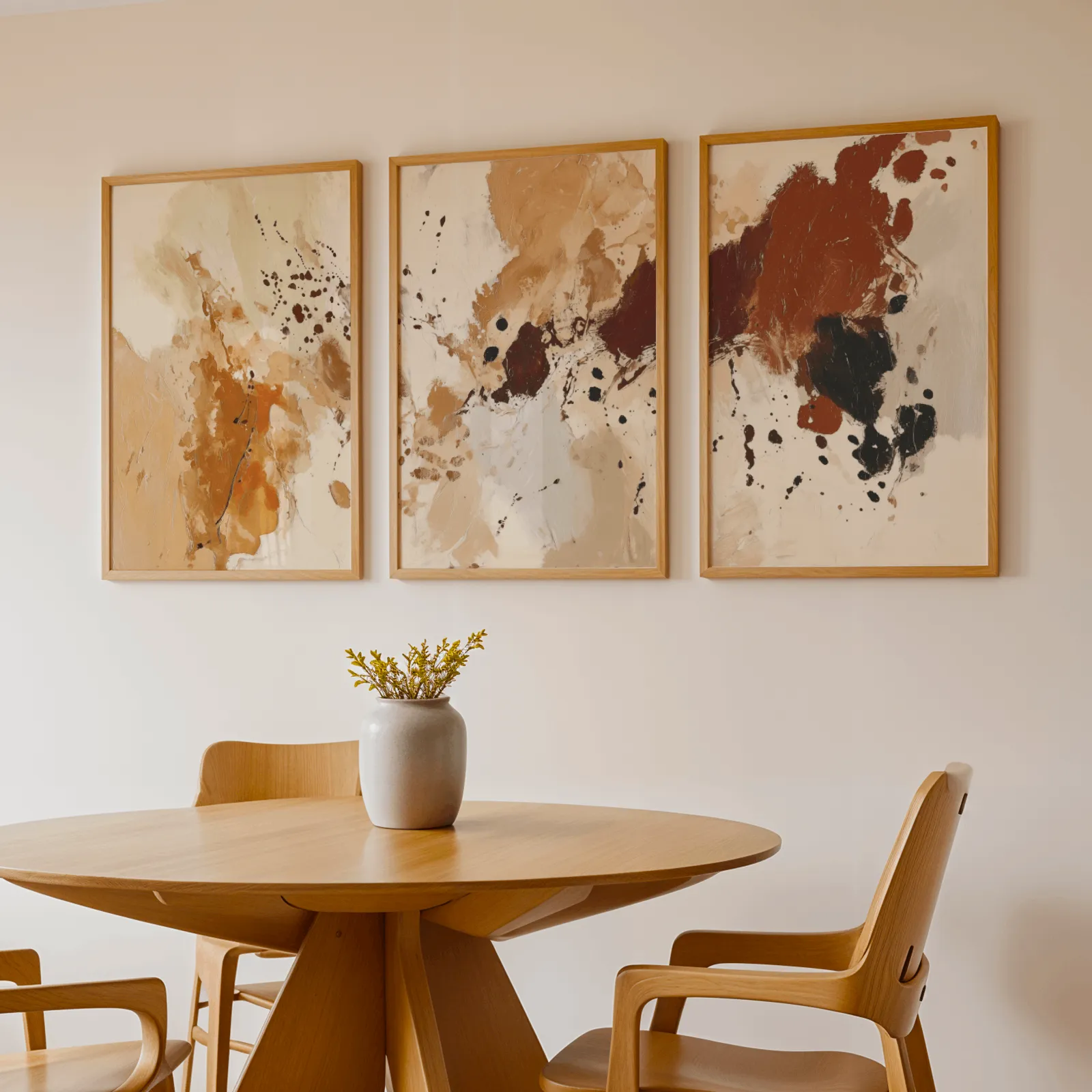 terracotta abstract triptych wall art, above a round wooden table with a stoneware vase