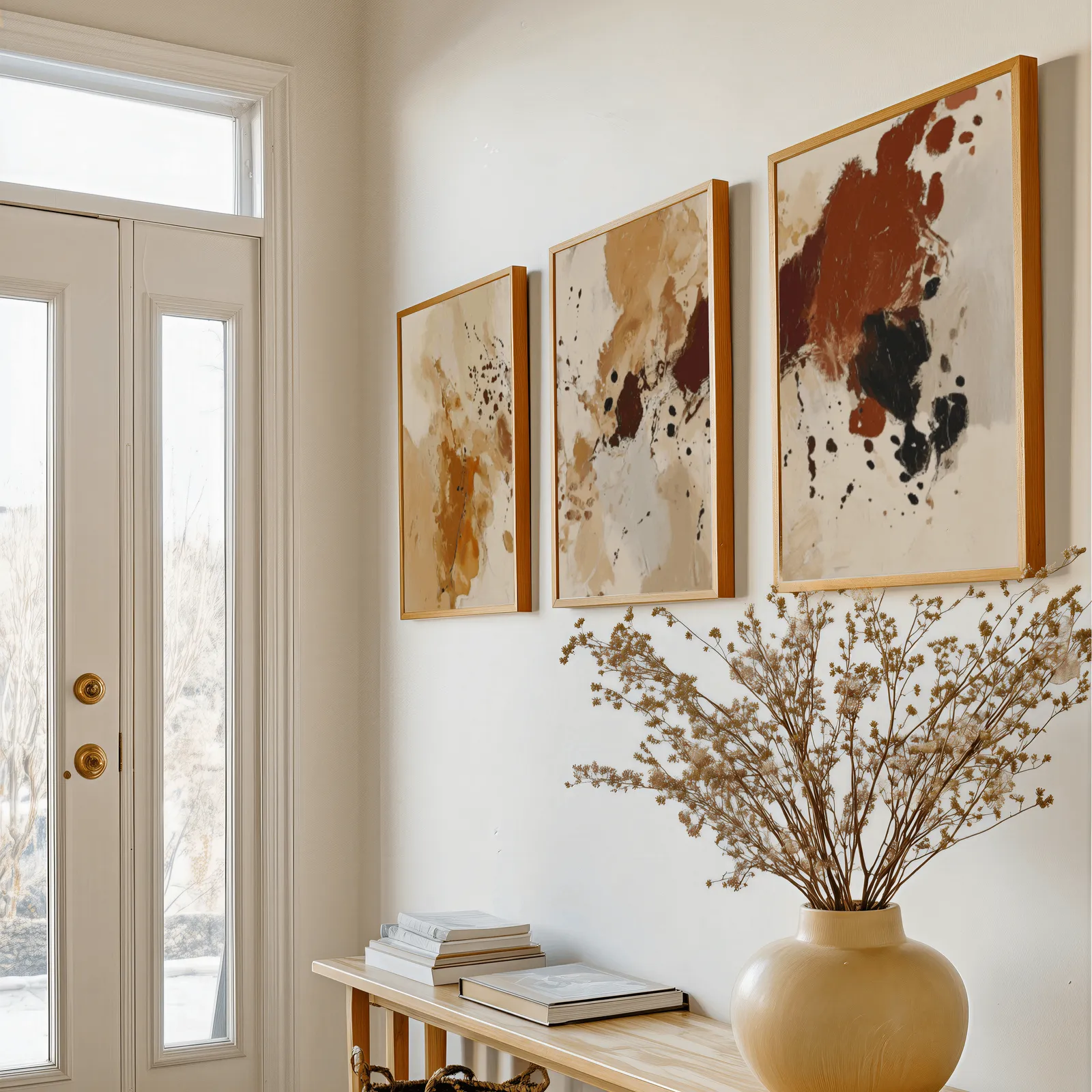 terracotta abstract triptych wall art, above a console table with a yellow vase of dried branches