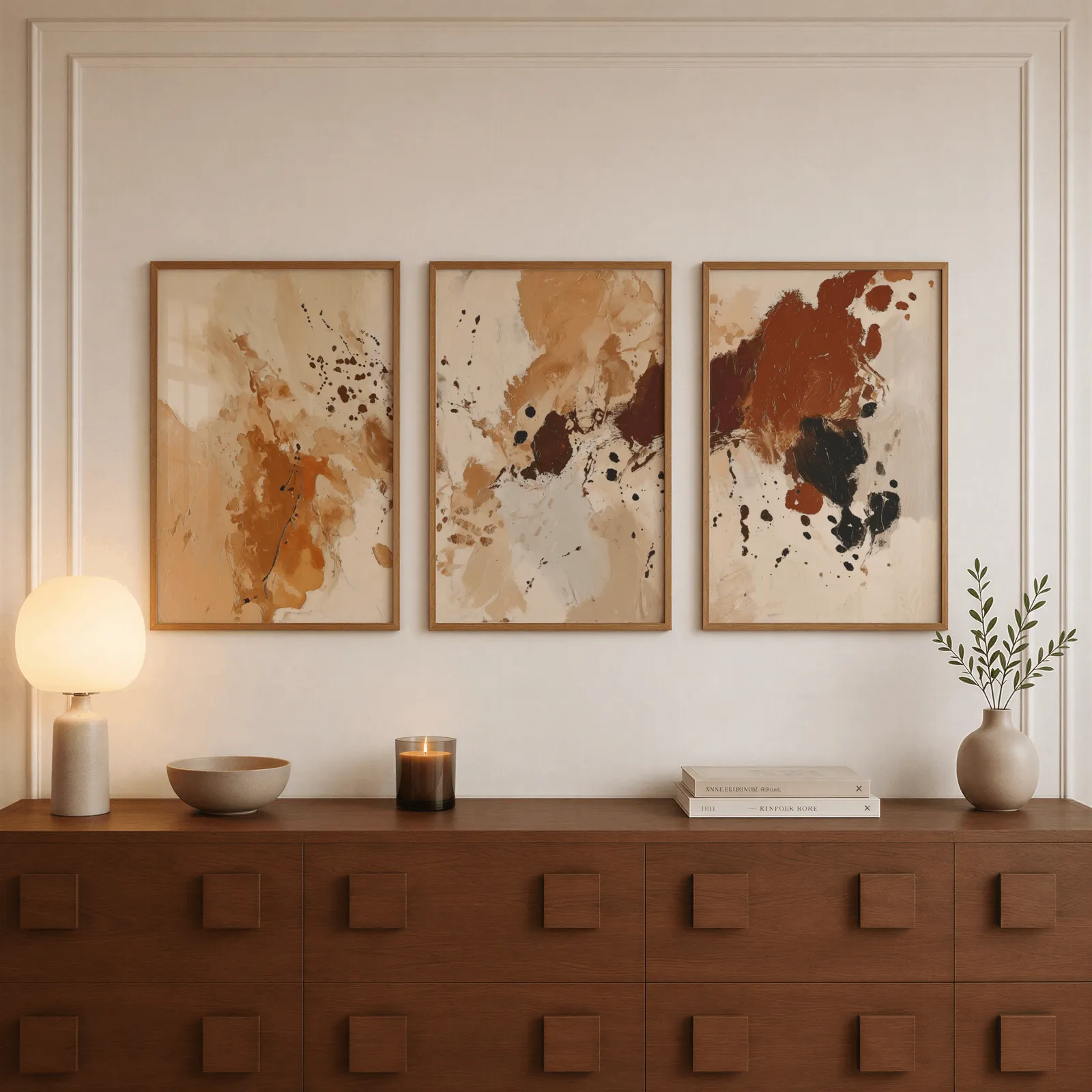 terracotta abstract triptych wall art, above a walnut sideboard with a lit candle and glowing lamp