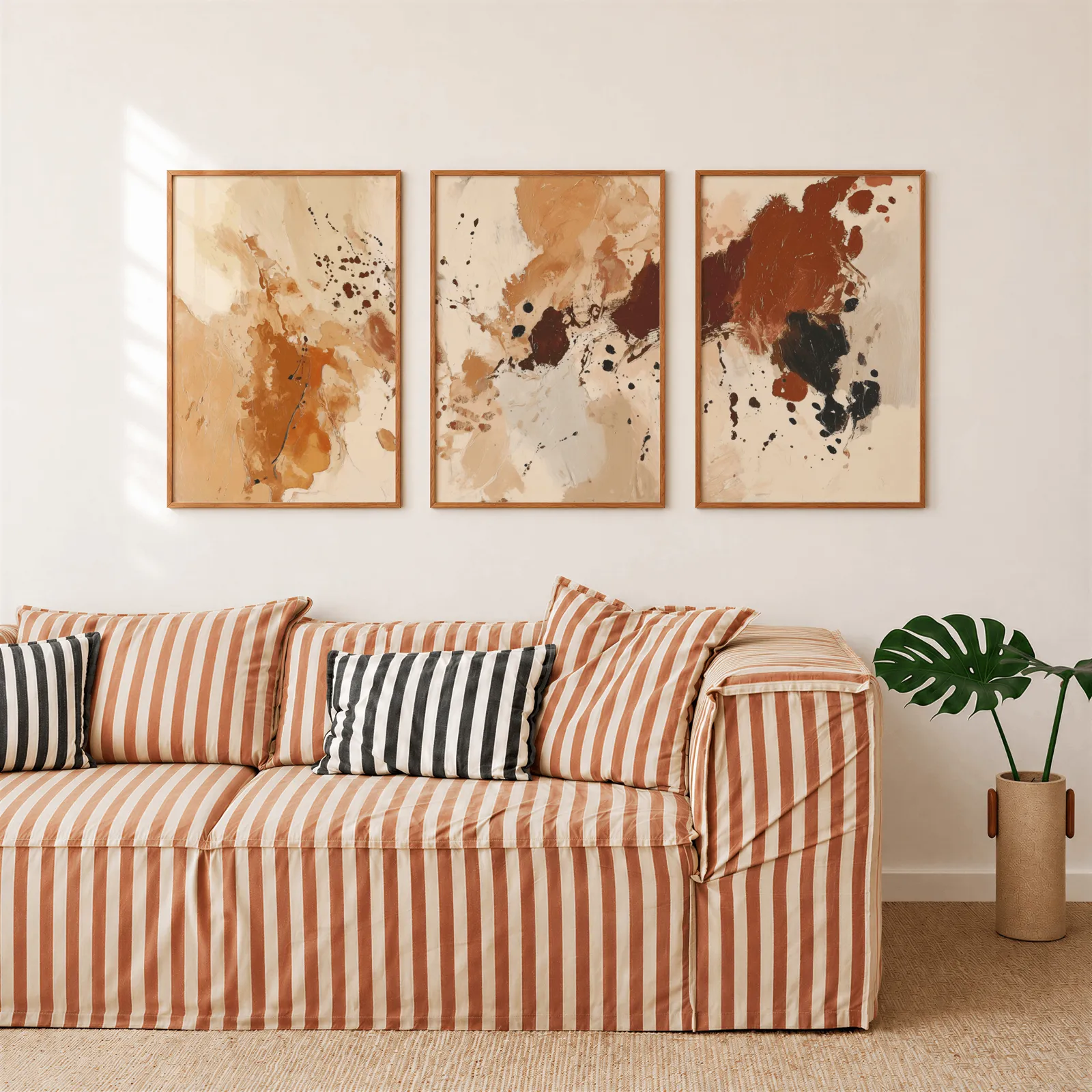 terracotta abstract triptych wall art, above a rust-striped sofa beside a potted monstera