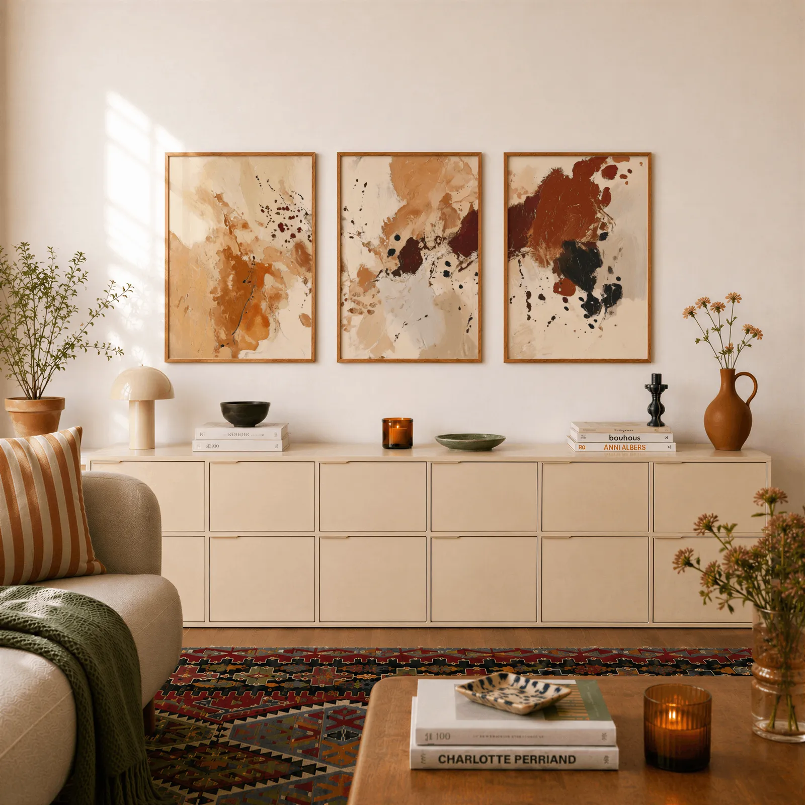terracotta abstract triptych wall art, above a long cream sideboard topped with books and a terracotta jug