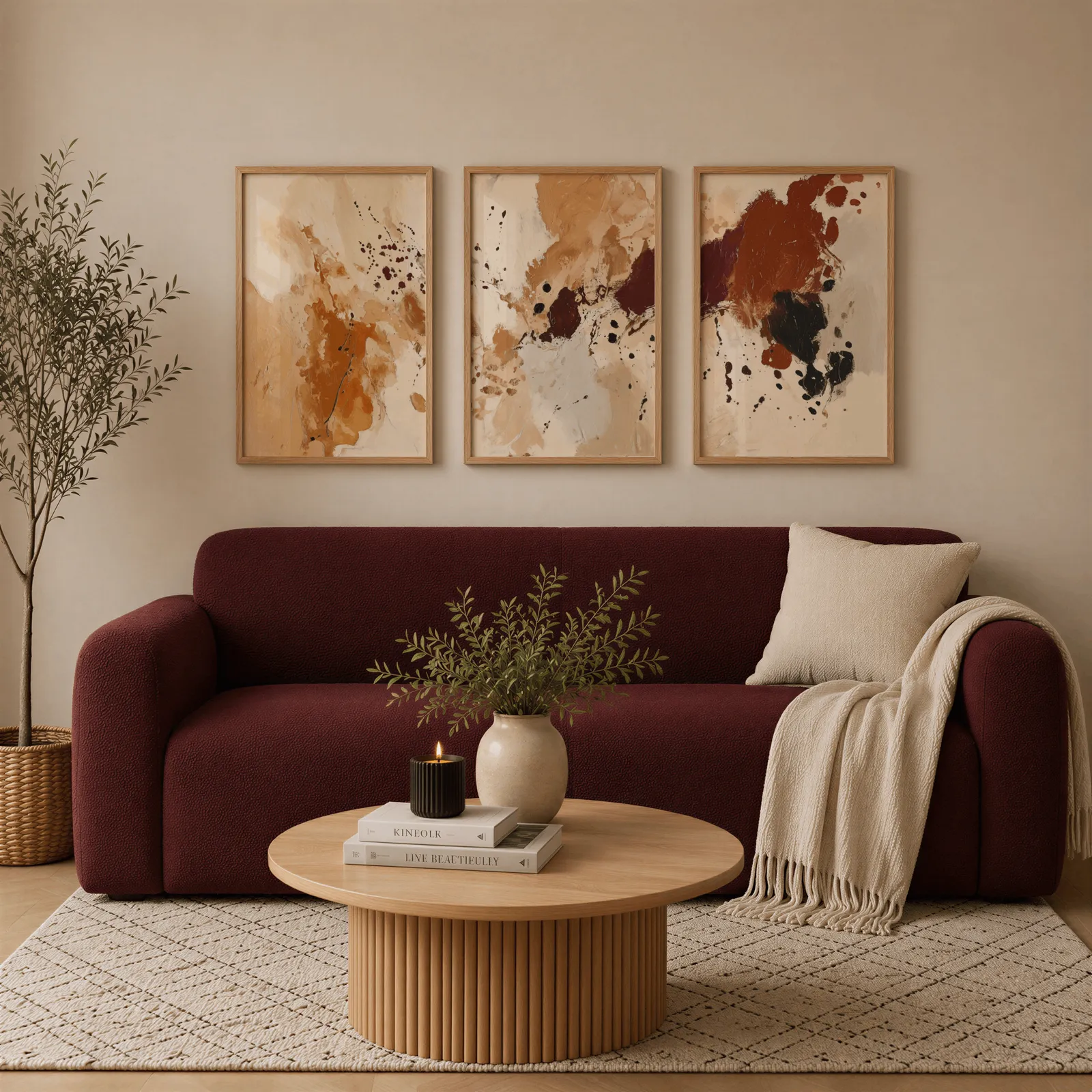 terracotta abstract triptych wall art, above a burgundy boucle sofa with a cream throw