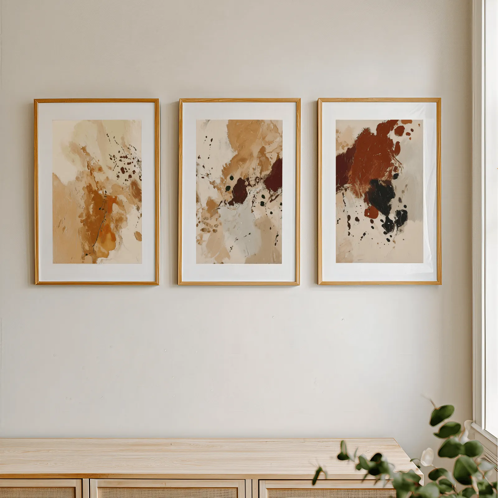 terracotta abstract triptych wall art, in a row above a light wooden sideboard near a window