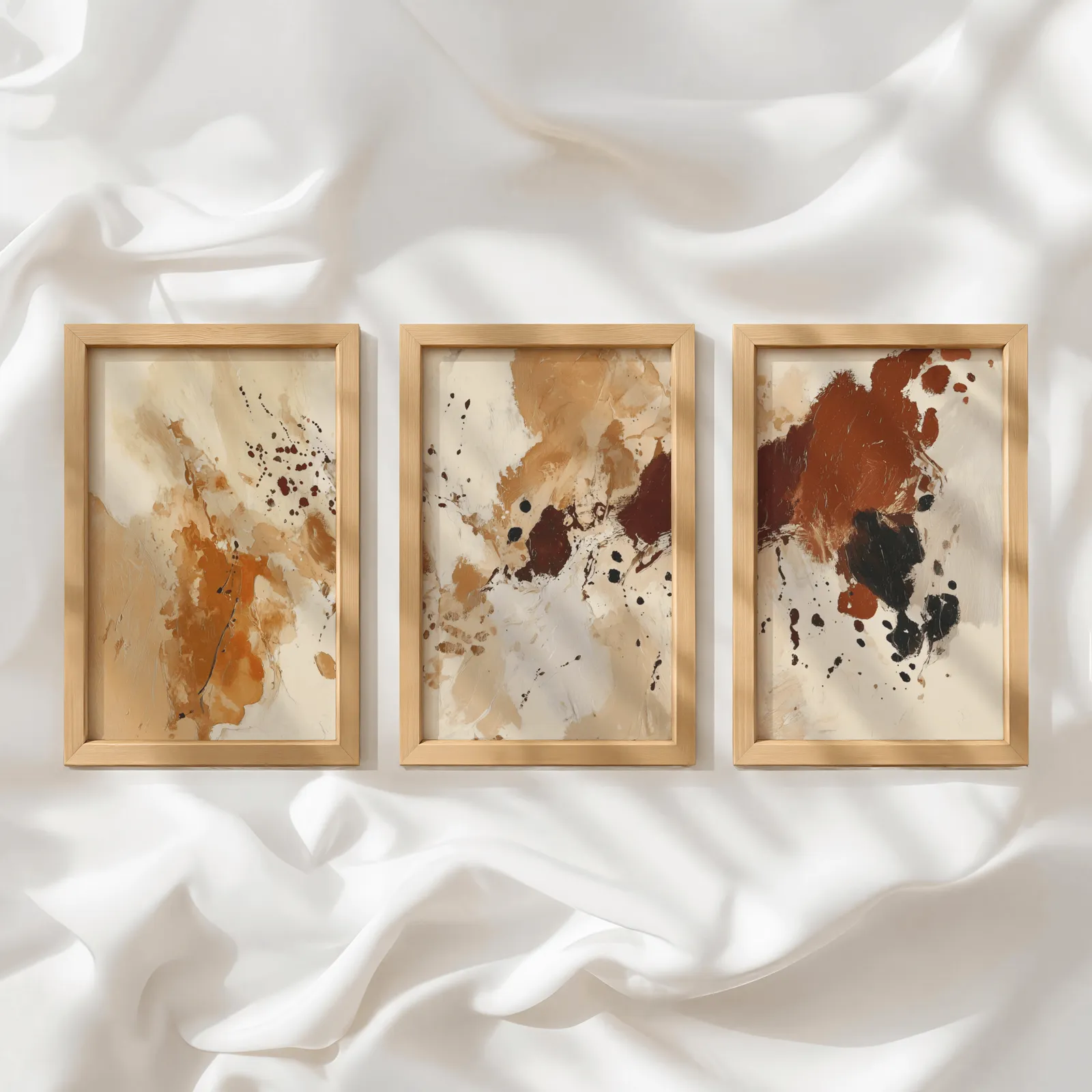 terracotta abstract triptych wall art, in a row atop rumpled white silky fabric