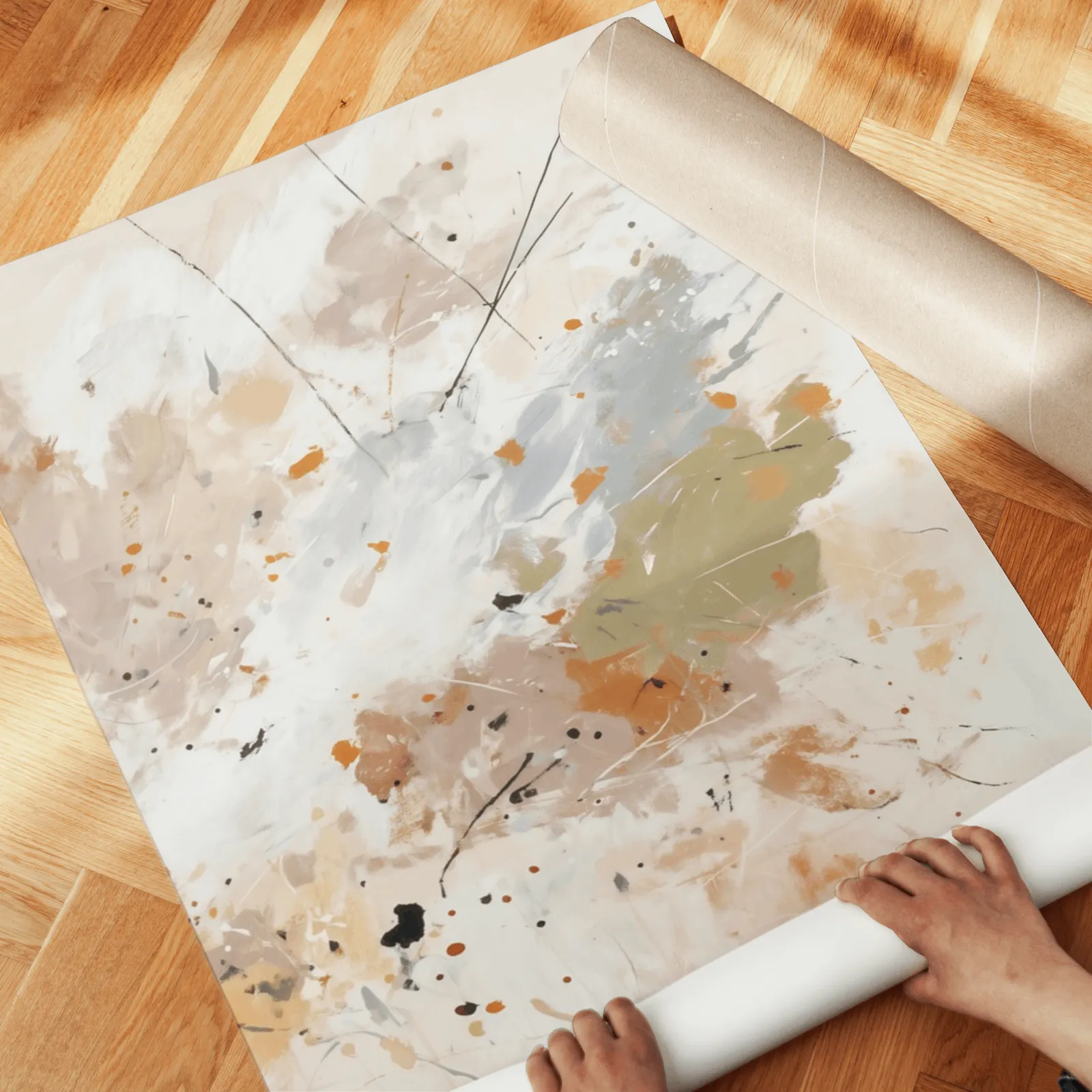 terracotta abstract wall art set of two, unrolled across a herringbone parquet floor by hand