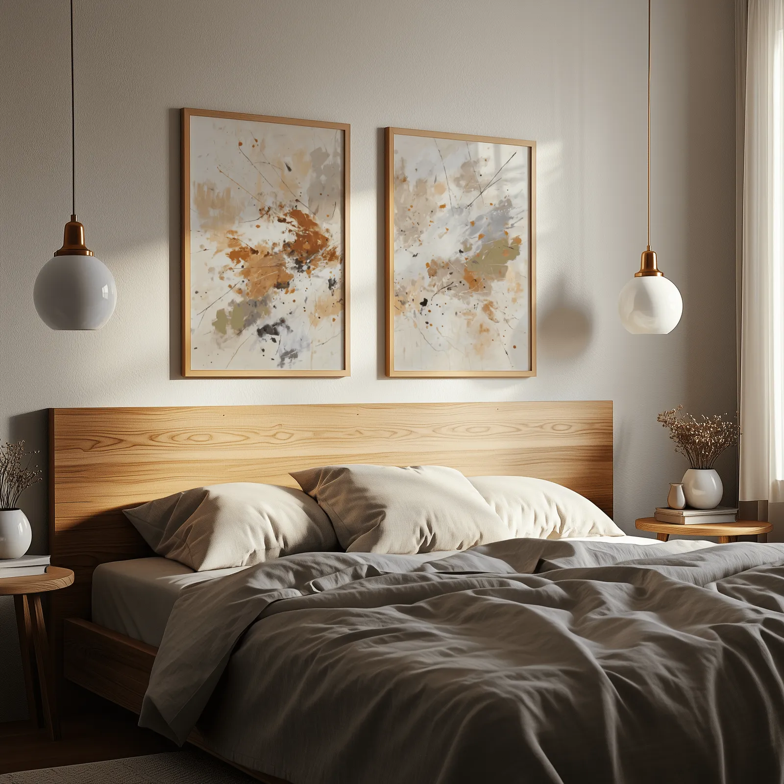 terracotta abstract wall art set of two, above a wooden headboard flanked by globe pendant lights