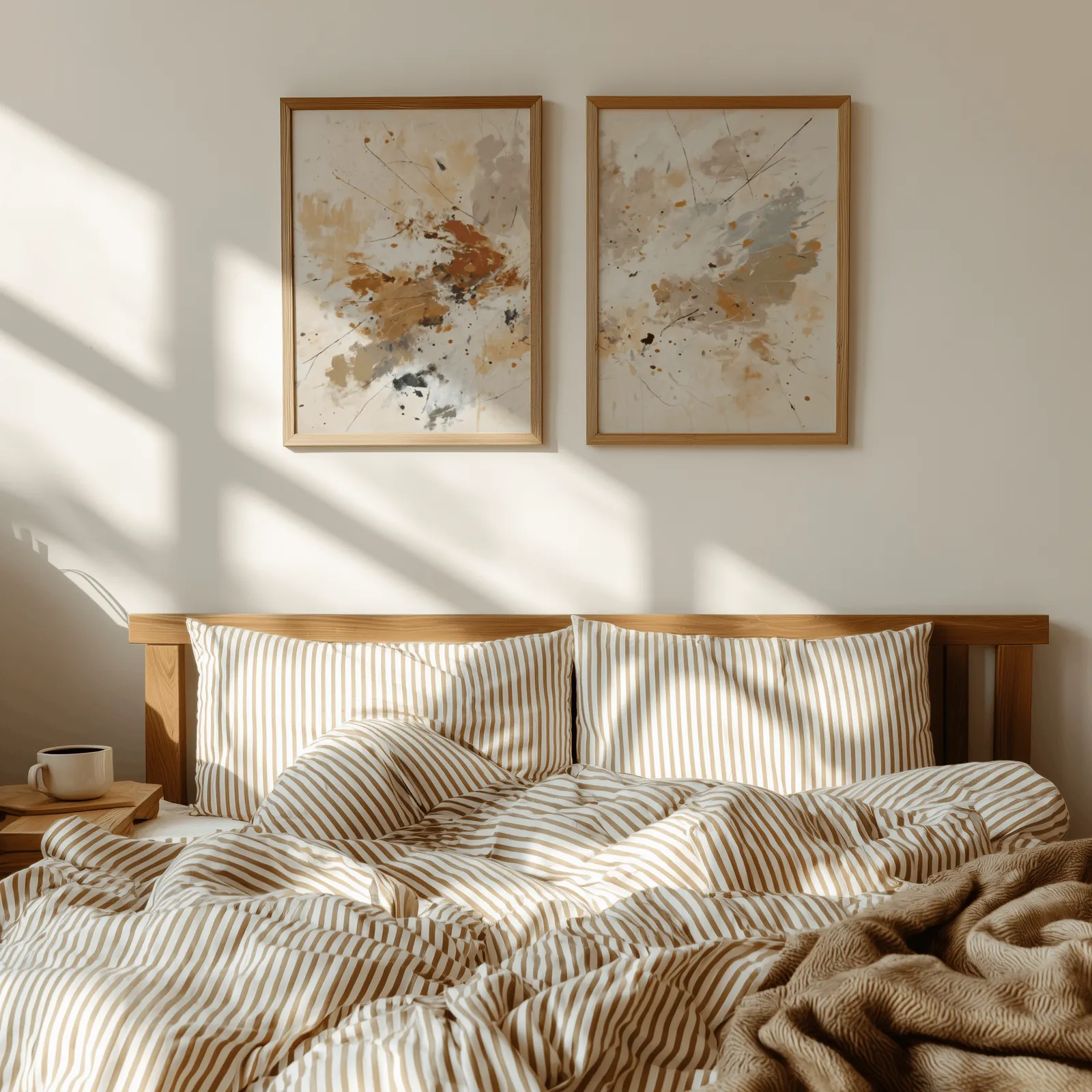 terracotta abstract wall art set of two, above a wooden headboard with striped bedding and raking sunlight