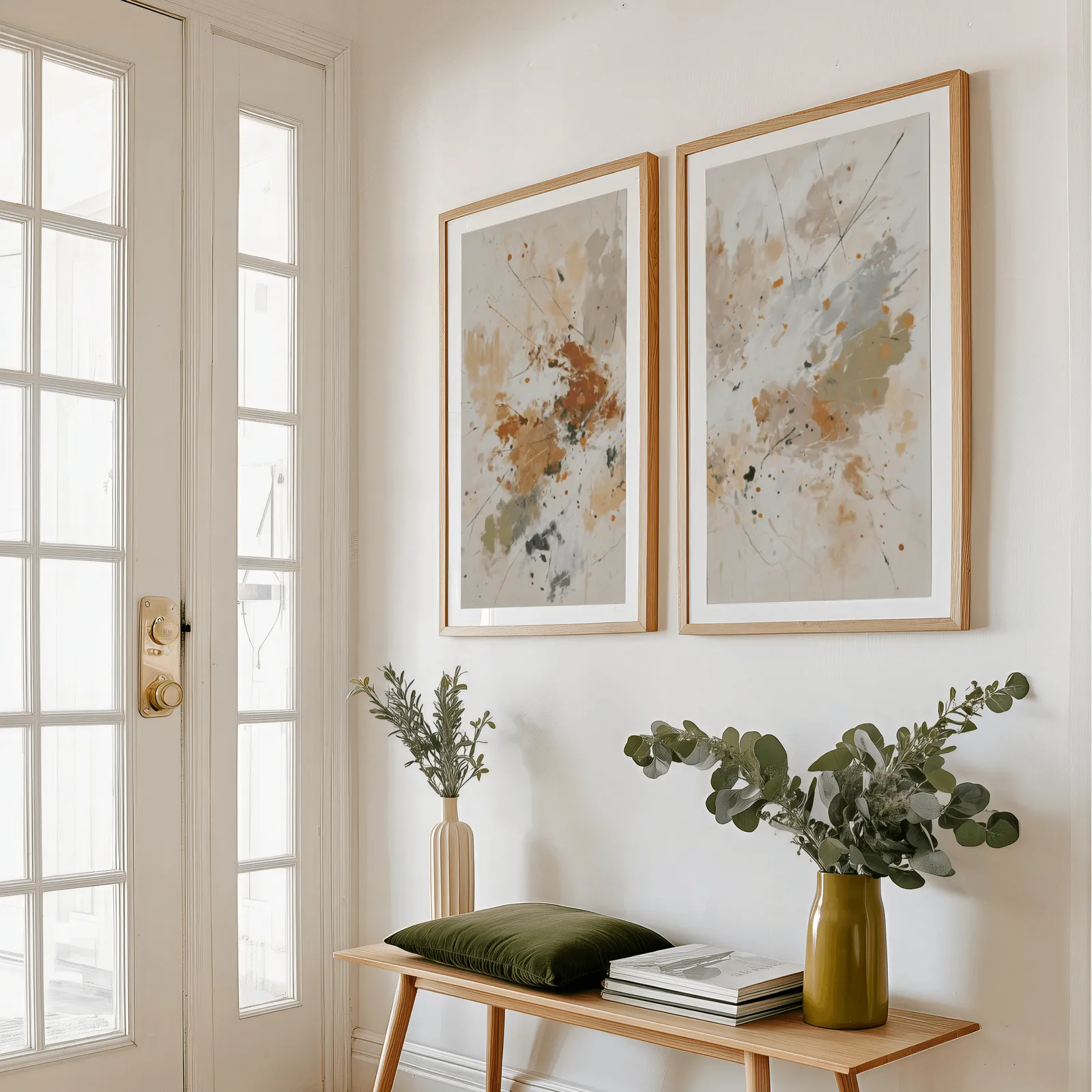 terracotta abstract wall art set of two, above a wooden bench with eucalyptus stems and a green cushion