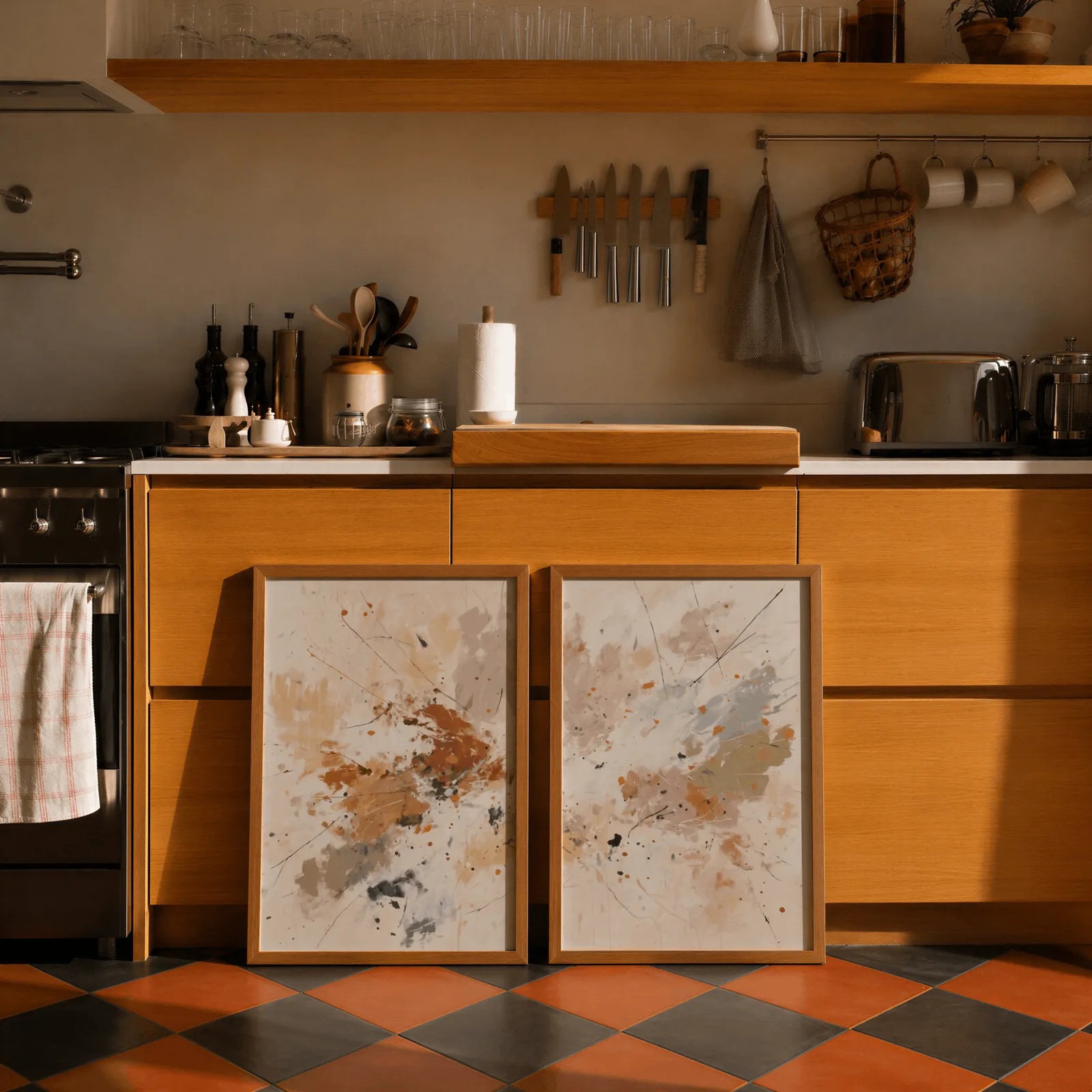 terracotta abstract wall art set of two, leaning against wooden cabinets on terracotta tiled floor