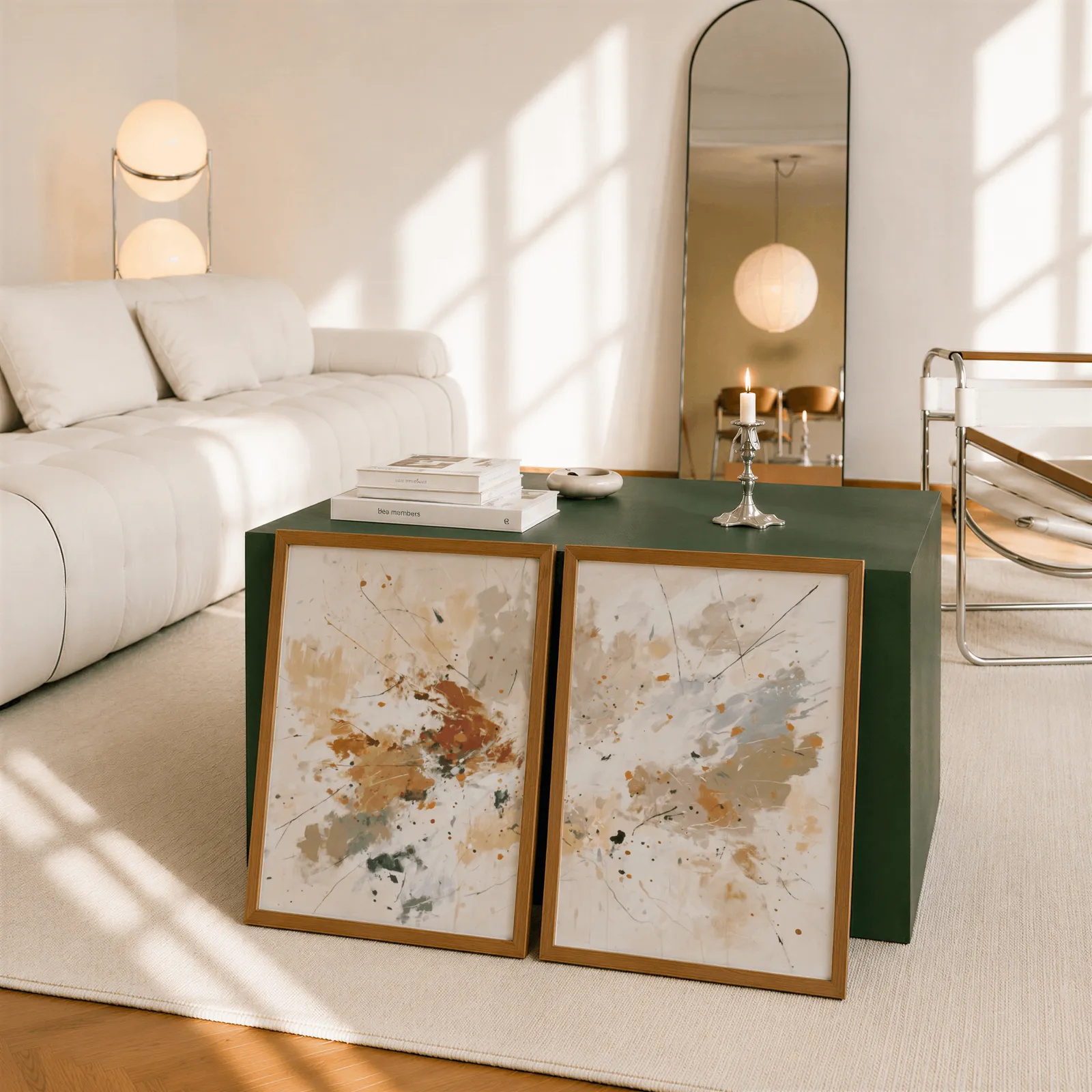 terracotta abstract wall art set of two, leaning against a dark green cube table beside an arched mirror