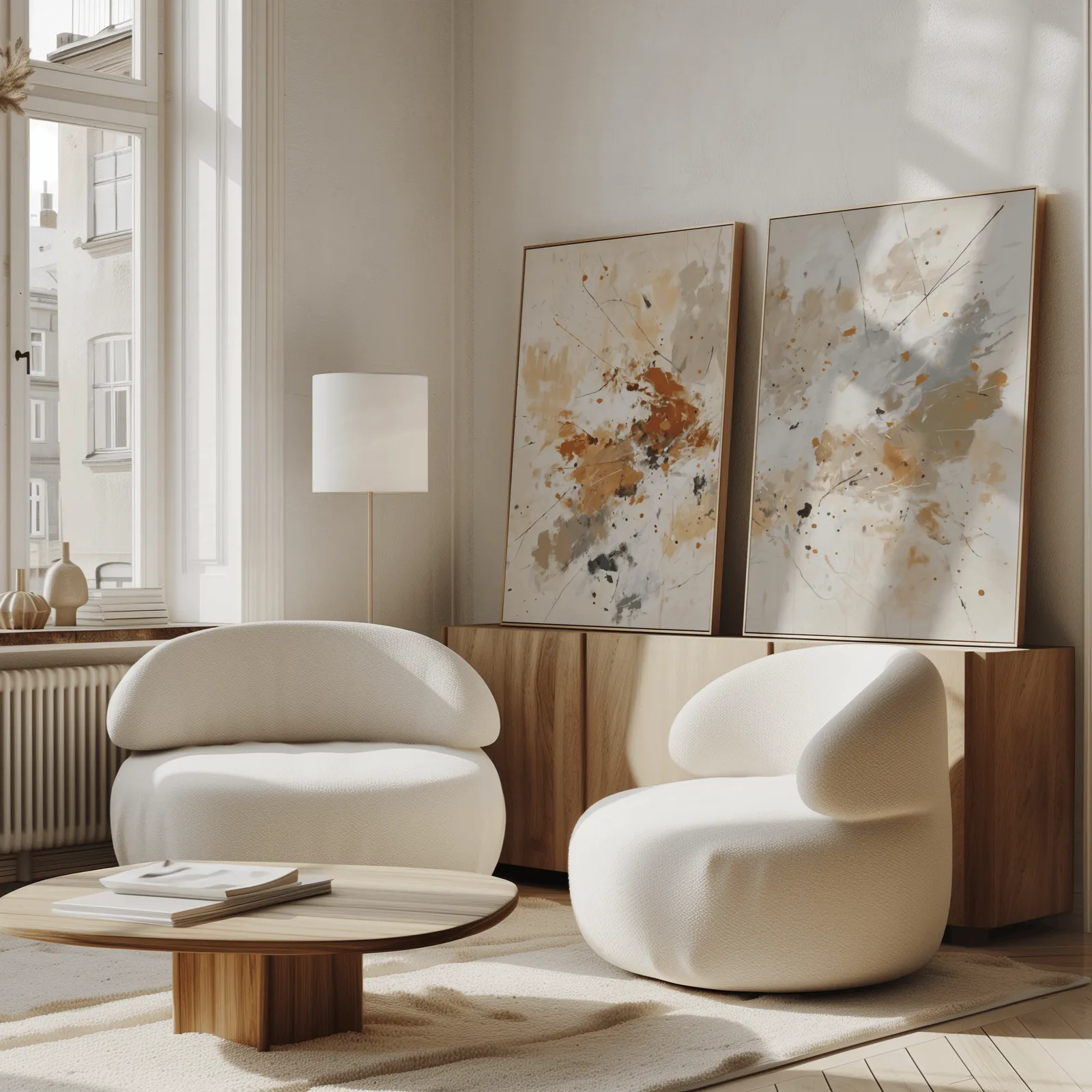 terracotta abstract wall art set of two, propped against a wooden sideboard beside boucle armchairs