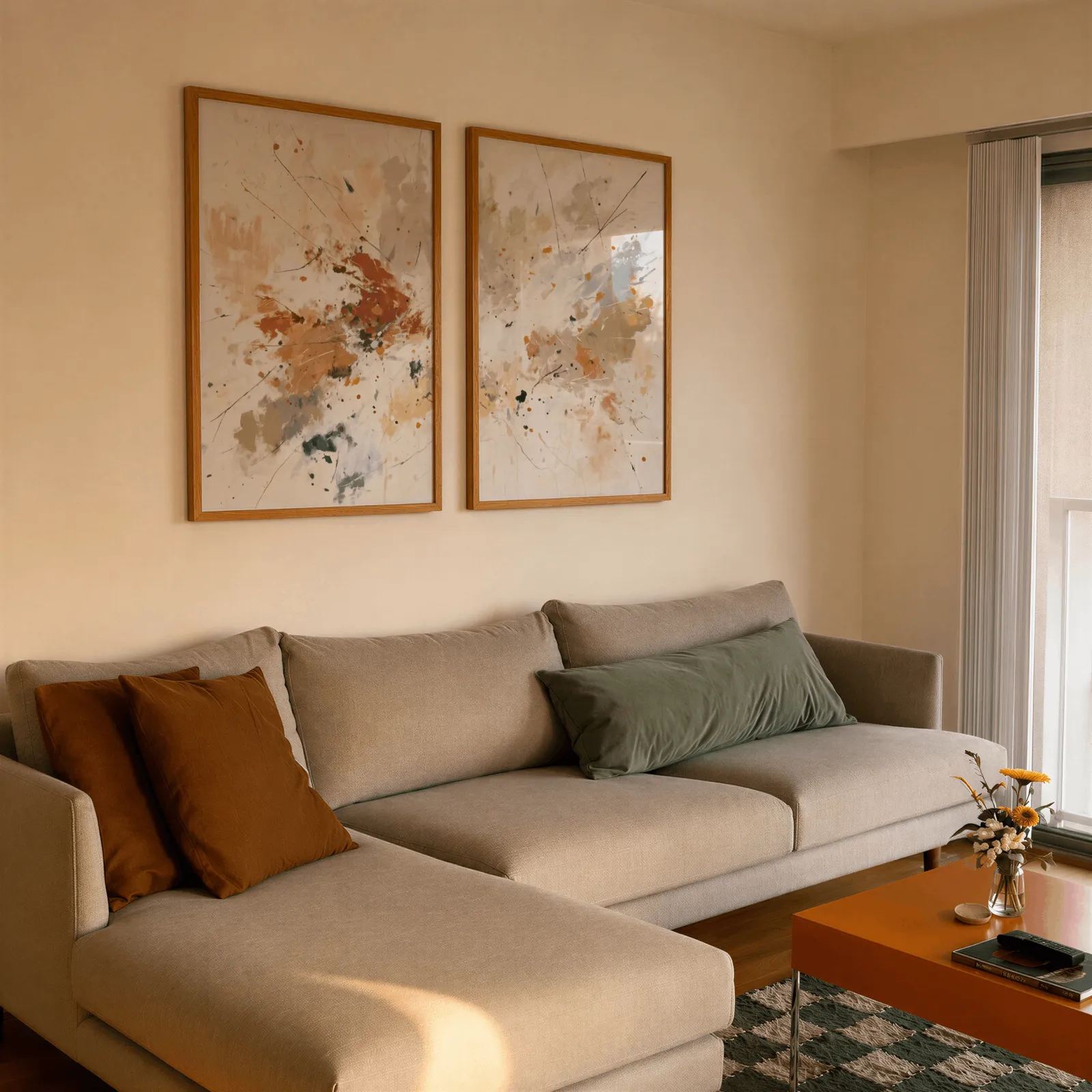 terracotta abstract wall art set of two, side by side above a beige sectional sofa