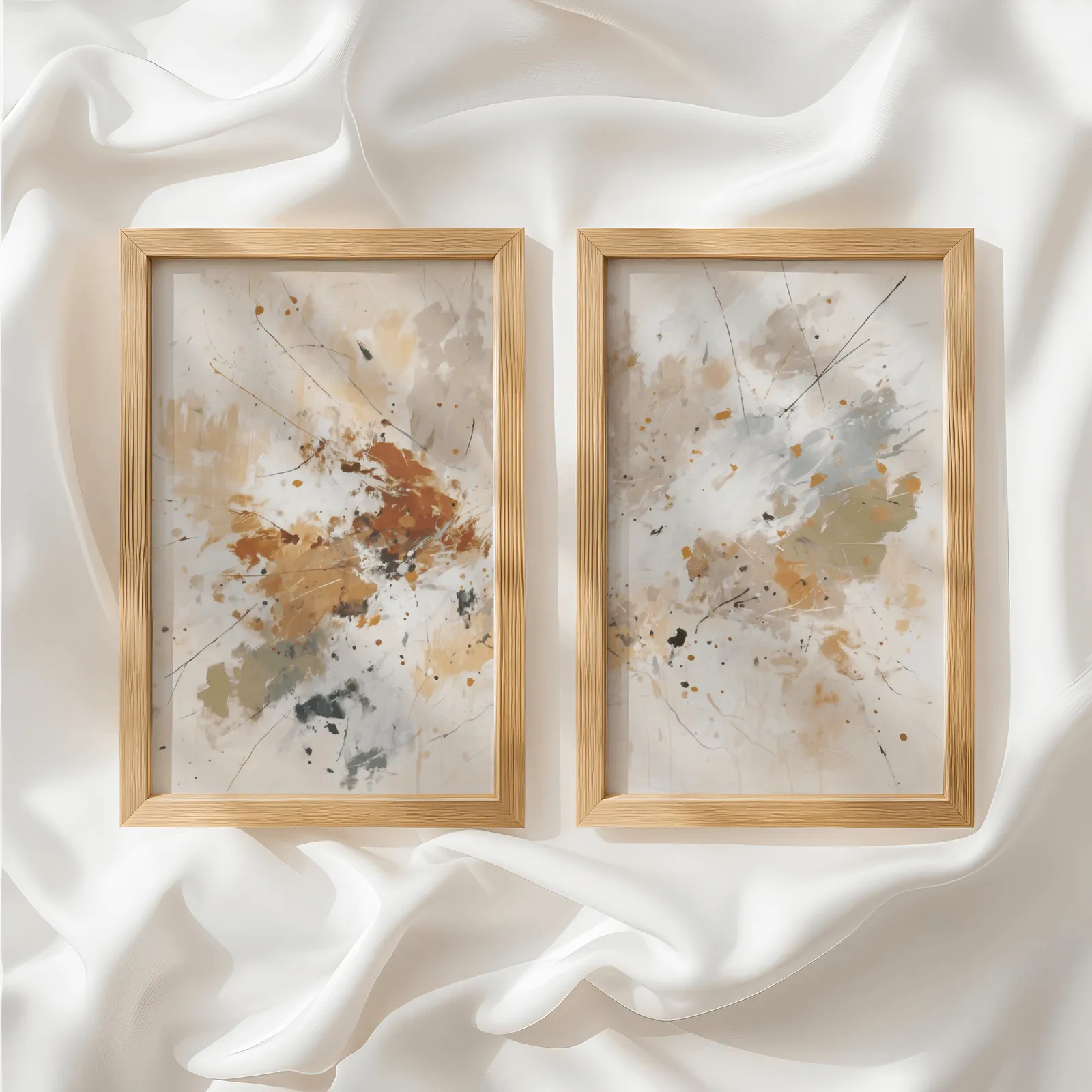 terracotta abstract wall art set of two, side by side atop rumpled white silky fabric