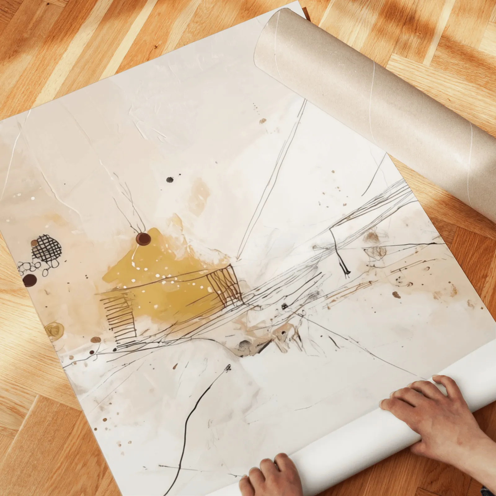 neutral abstract three piece wall art in brown and beige, unrolled across a herringbone wood floor by hand