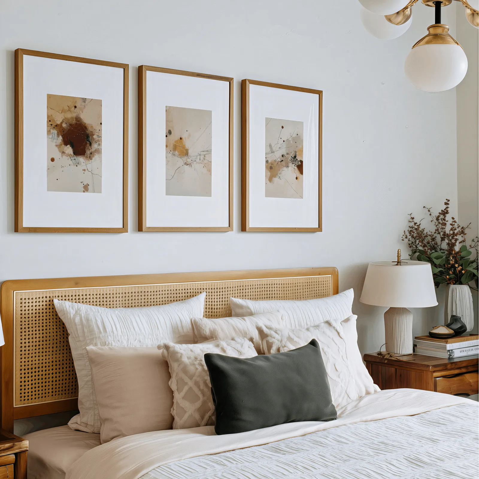 neutral abstract three piece wall art in brown and beige, above a rattan headboard piled with pillows