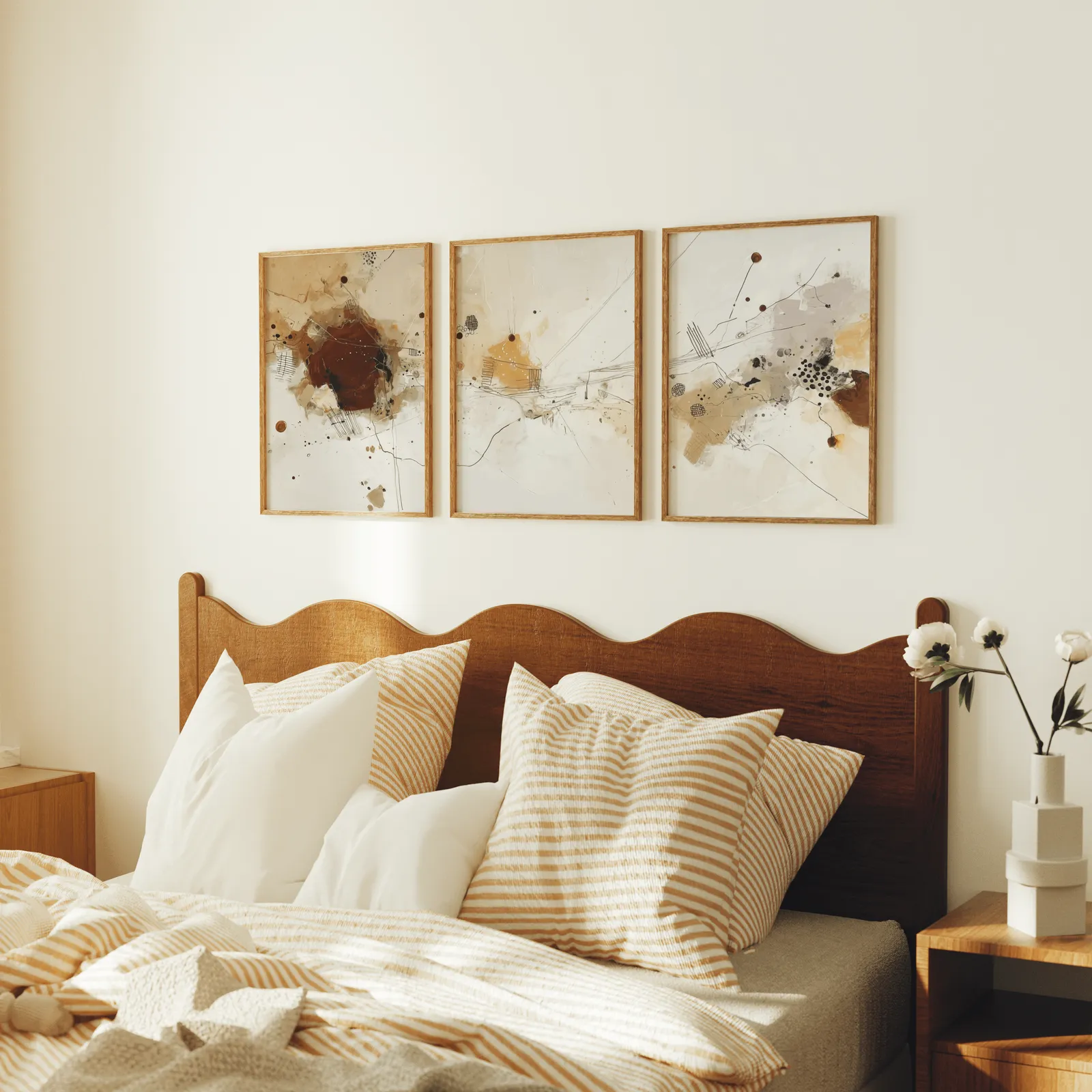 neutral abstract three piece wall art in brown and beige, above a scalloped wooden headboard with striped pillows