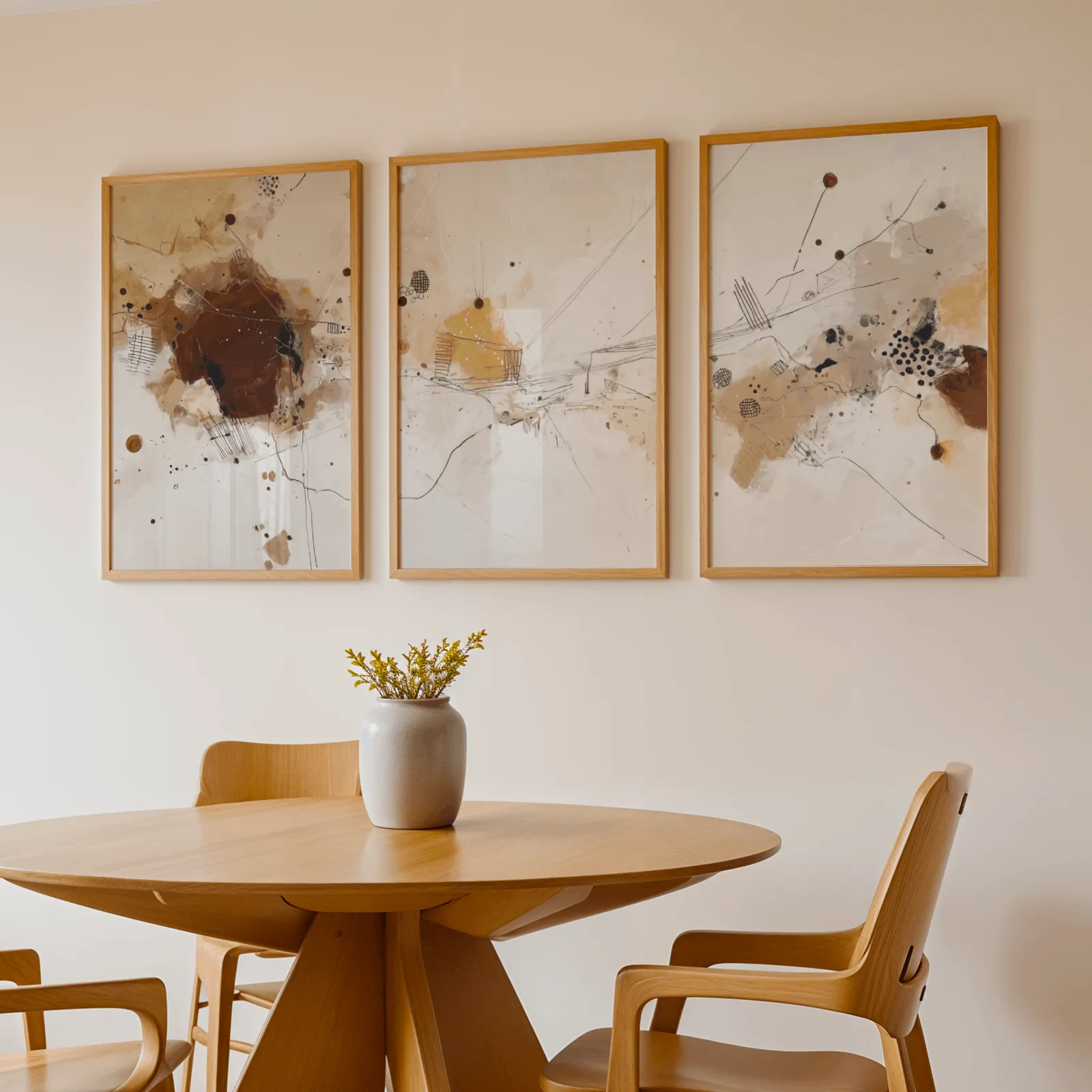 neutral abstract three piece wall art in brown and beige, above a round wooden table with a stoneware vase