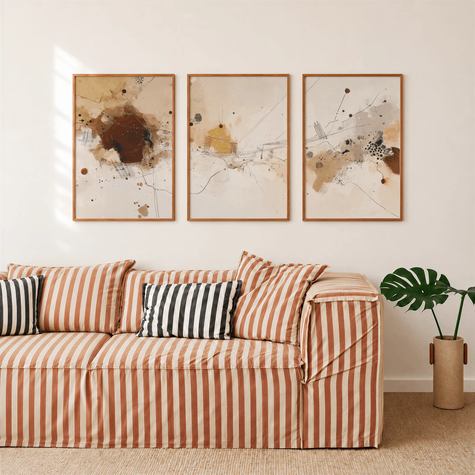 neutral abstract three piece wall art in brown and beige, above a rust-striped sofa beside a potted monstera