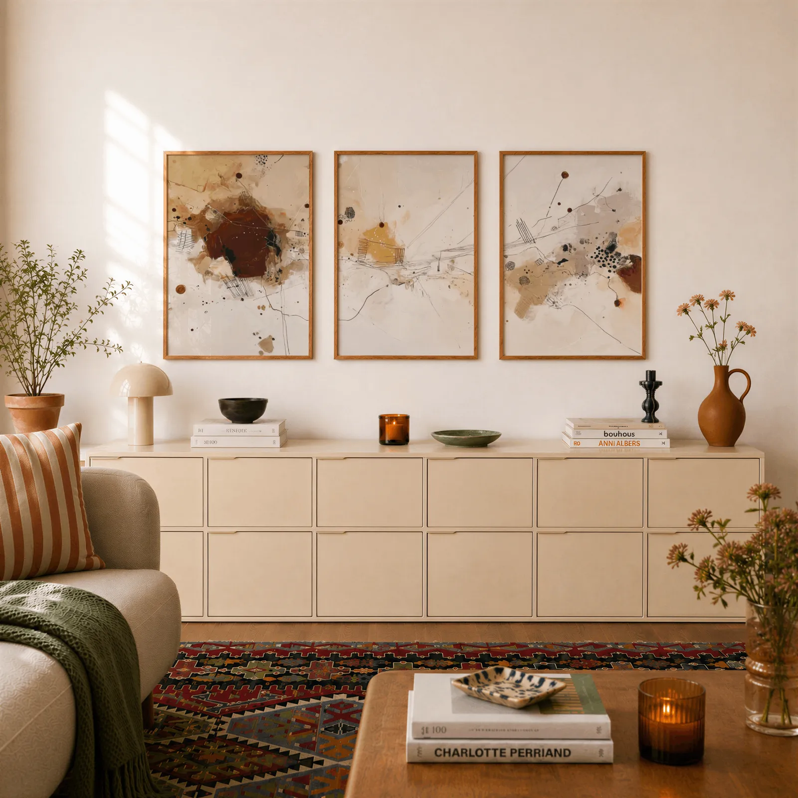 neutral abstract three piece wall art in brown and beige, above a long cream sideboard topped with books and a terracotta jug